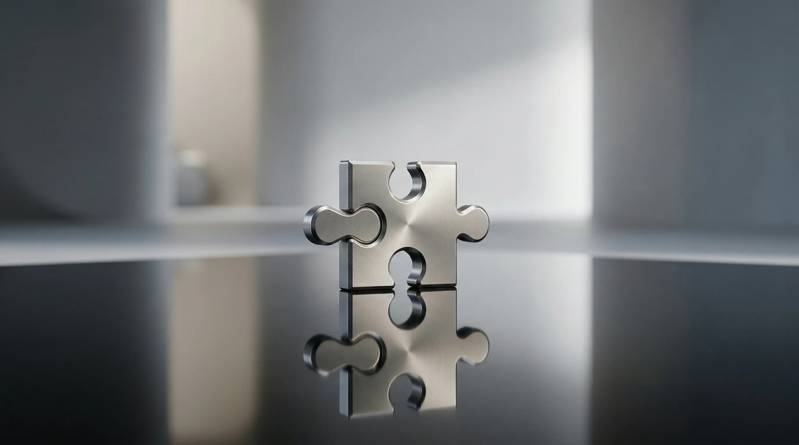 Digital illustration for article section "The Challenger's Puzzle" in "Autumn AI Launches Real-Time Sales Intelligence for GTM Teams" - A sleek, minimalist metallic puzzle piece resting alone on an extremely reflective, smooth surface, ...