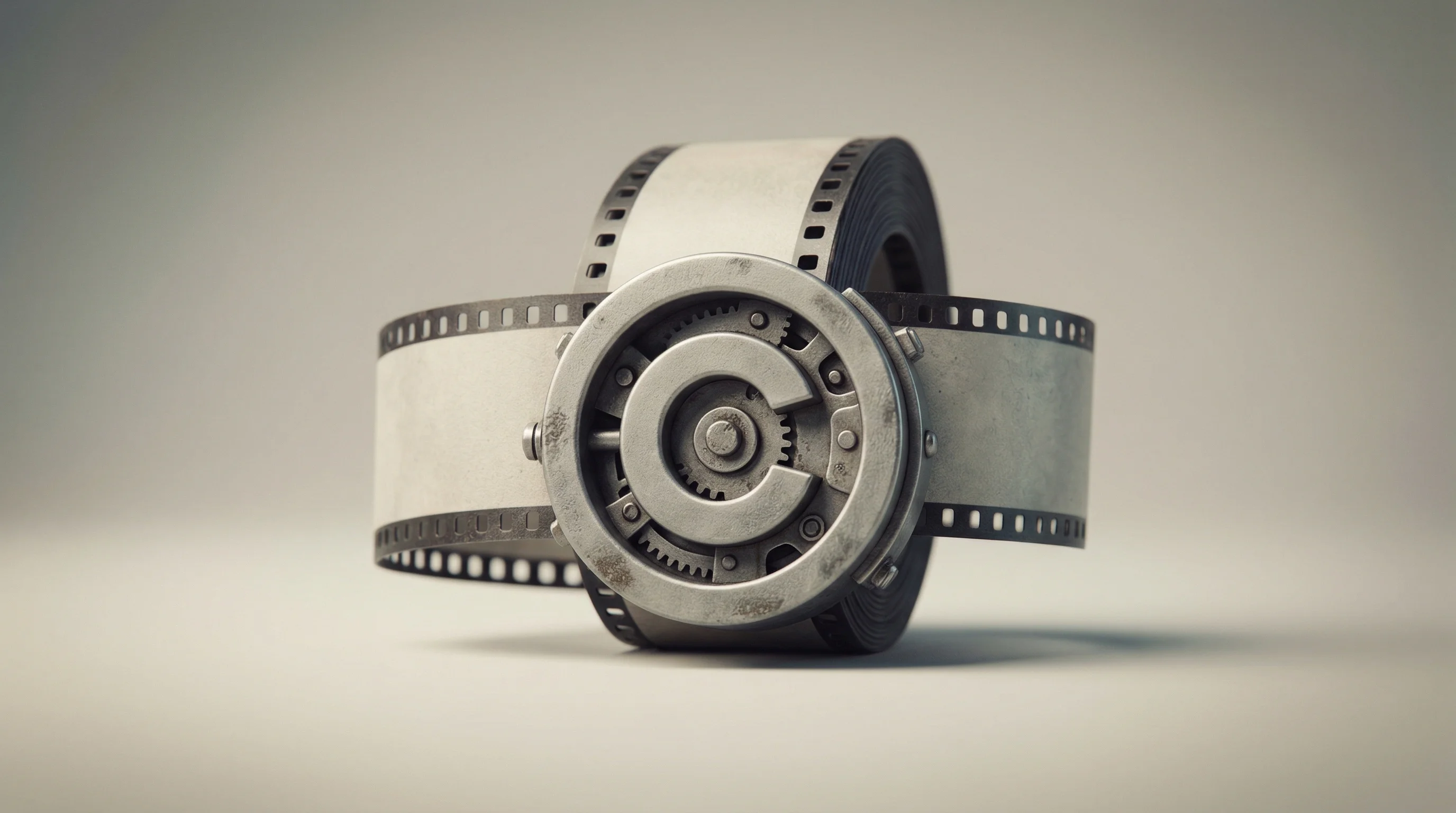 Digital illustration for article section "The Copyright Question No One Wants to Answer" in "Shofo Launches 'Common Crawl for Videos' for AI Training Data" - A conceptual and minimal 3D rendered image representing the complex issue of video copyright, featur...