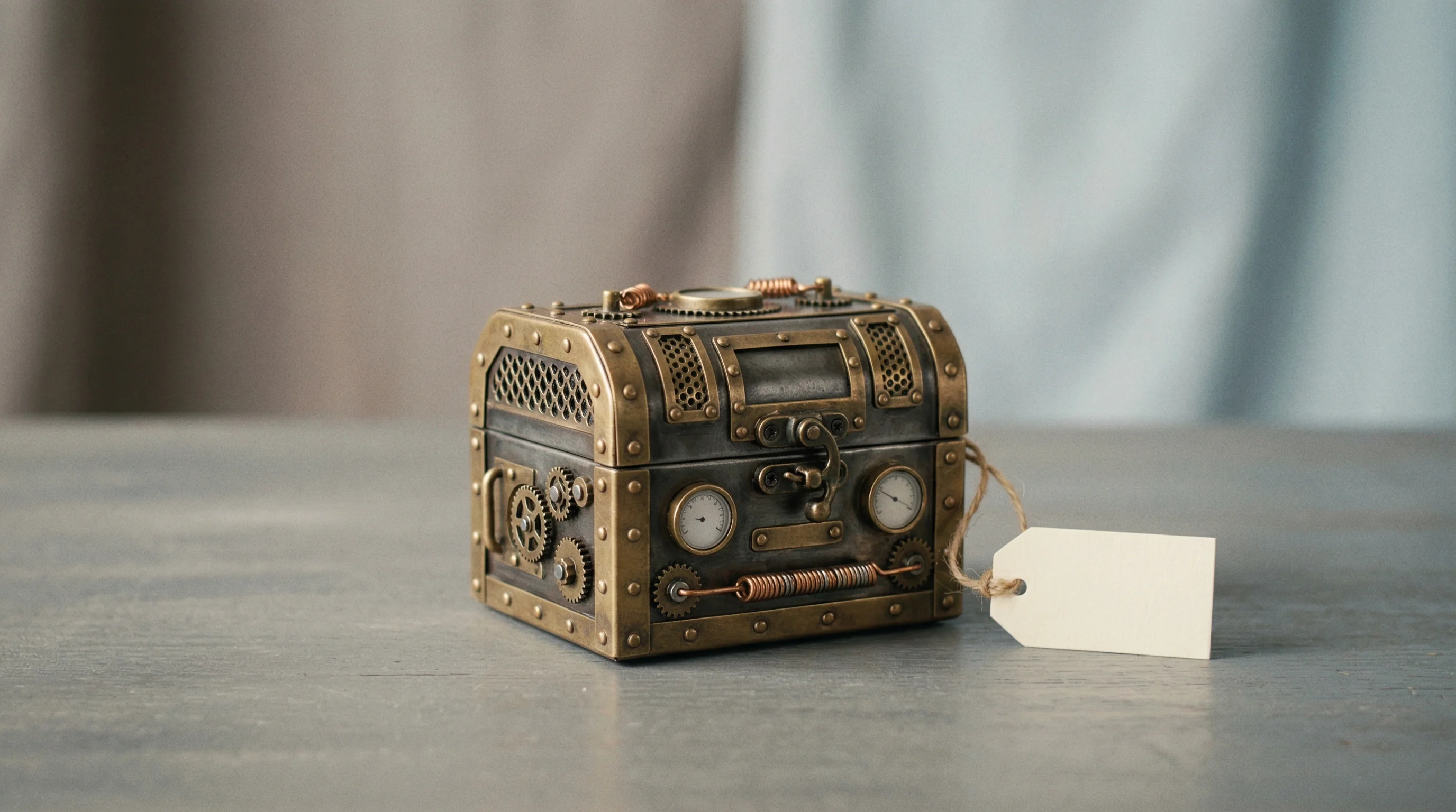 Digital illustration for article section "What You Can Actually Buy" in "Shofo Launches 'Common Crawl for Videos' for AI Training Data" - A single, beautifully crafted retro-futuristic mechanical box sitting on a clean, uncluttered surfac...