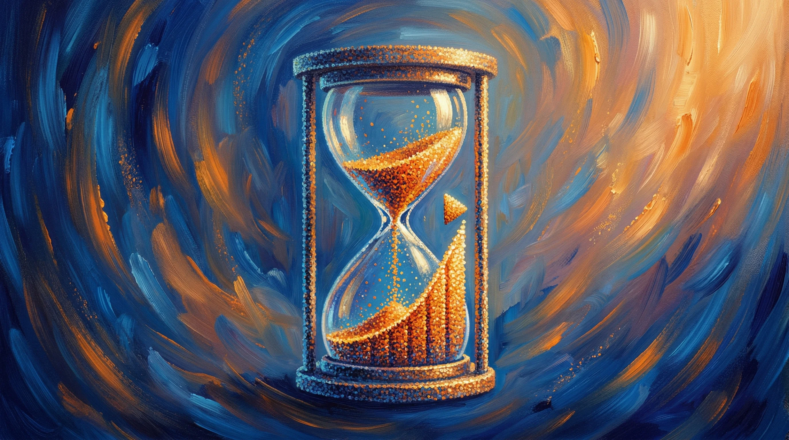 Digital illustration for article section "TikTok and Timing" in "Migrate Mate Lands $2.4M for Visa-Sponsorship Job Marketplace" - A conceptual, minimalist composition featuring a sleek, modern hourglass where the falling sand grac...