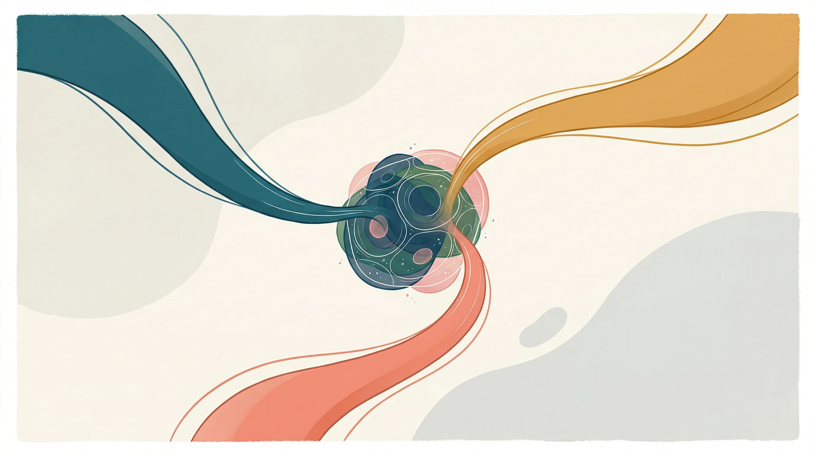 Digital illustration for article section "What's Driving This Now" in "AI Models Predict Missing Biology Data to Speed Drug Discovery" - A minimalist, conceptual illustration representing the convergence of three scientific forces reshap...