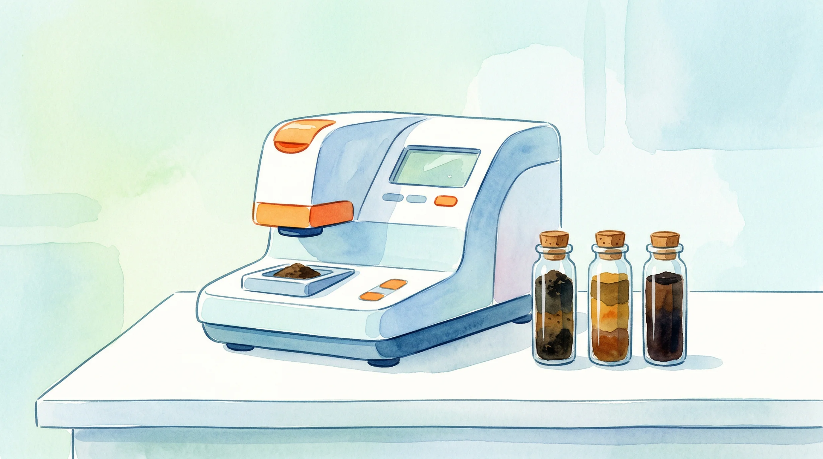 Digital illustration for article section "The Lab Distribution Bet" in "Miraterra Raises $16M CAD to Scale AI-Powered Soil Measurement" - A sleek, modern soil analysis instrument resting elegantly on a pristine laboratory table alongside ...