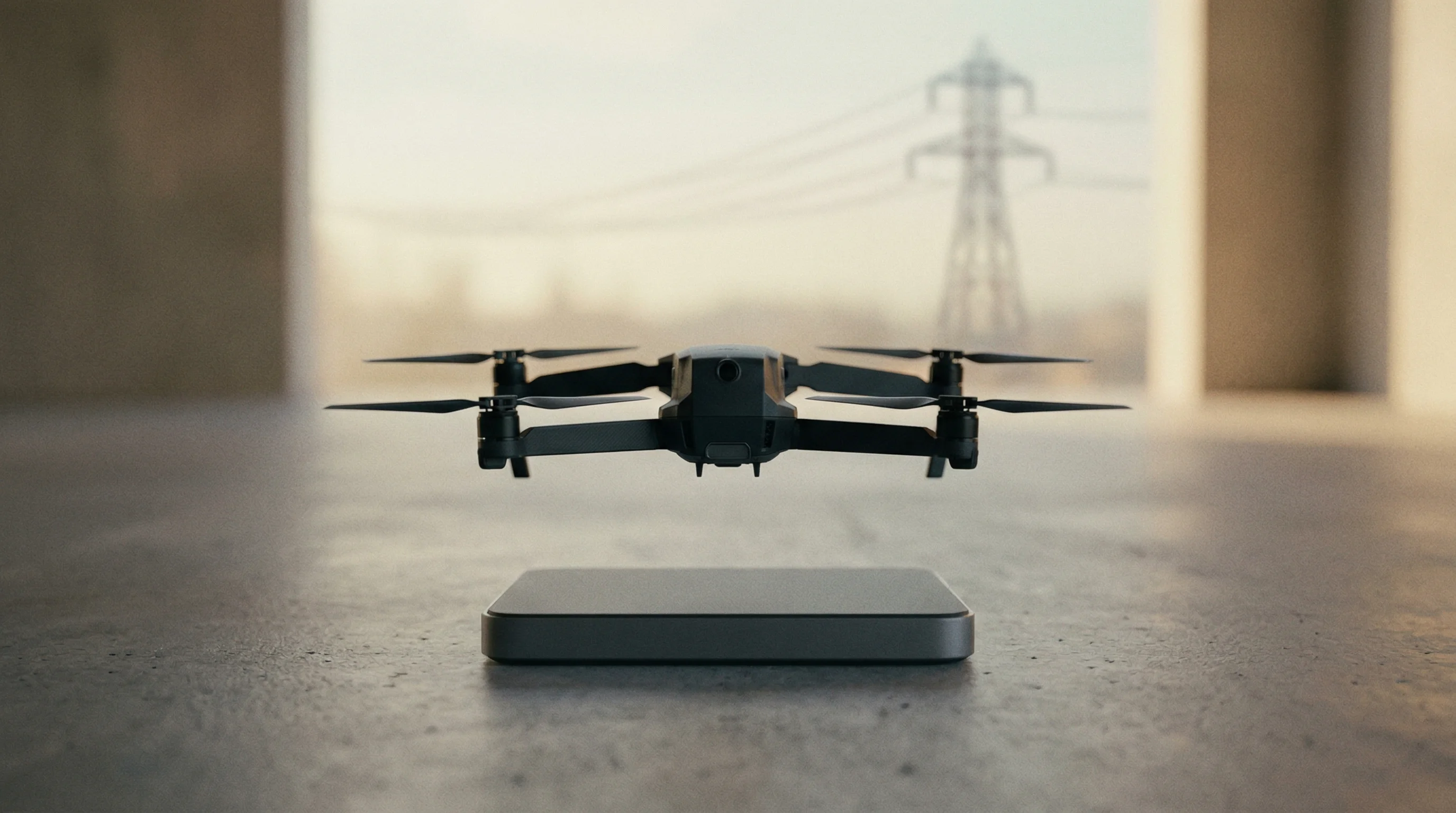 Digital illustration for article section "A Messaging Puzzle" in "Voltair's Power Line-Charging Drones Promise Infinite Range for Utilities" - A sleek, modern drone hovering just inches above a minimalist solid-state inductive charging pad, co...