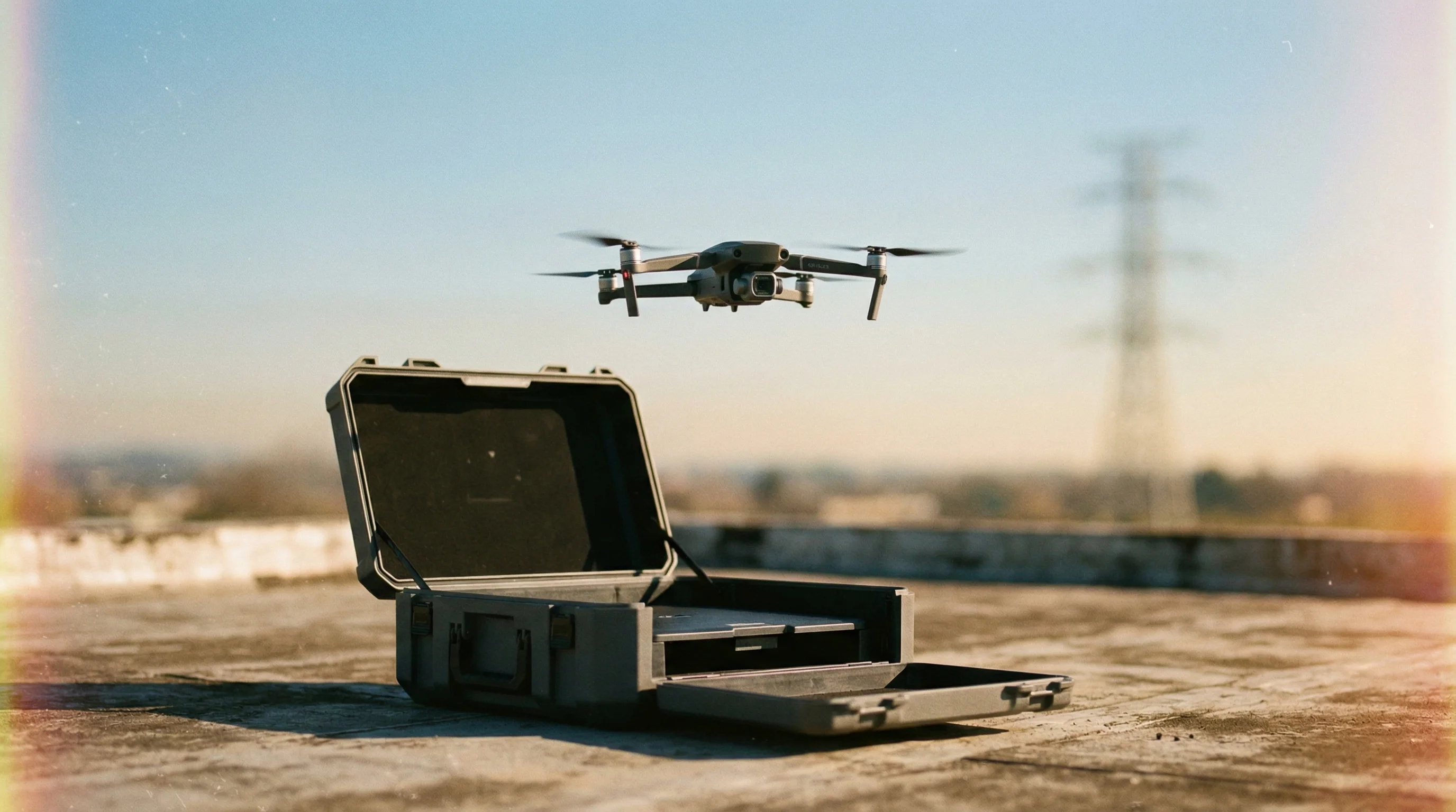 Digital illustration for article section "A Crowded Market" in "Voltair's Power Line-Charging Drones Promise Infinite Range for Utilities" - A minimal and clean composition featuring a modern utility inspection drone hovering just above an o...