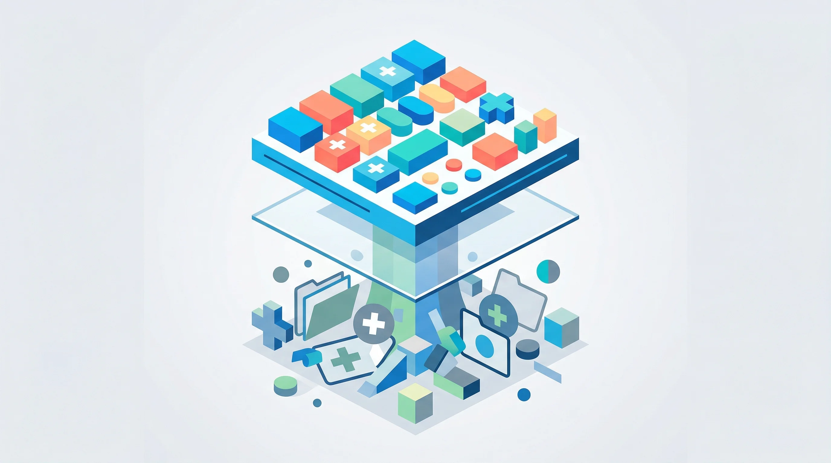 Digital illustration for article section "The Governance Pitch" in "Qualified Health Pursues $100M Raise After Major Health System Wins" - A minimalist, flat illustration conceptualizing a healthcare-native enterprise platform that brings ...