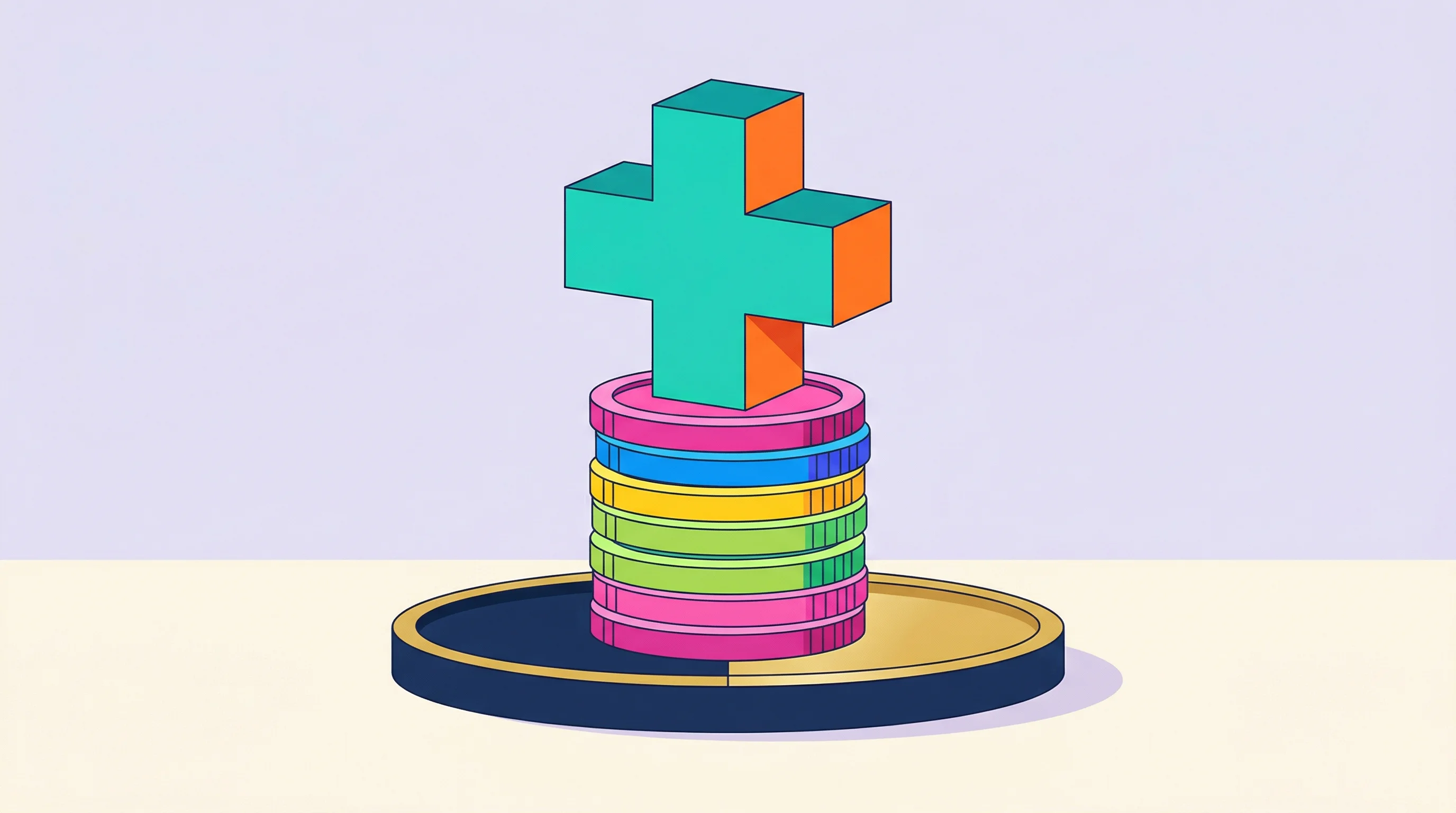 Digital illustration for article section "A Crowded, Capital-Heavy Moment" in "Qualified Health Pursues $100M Raise After Major Health System Wins" - A clean, minimalist flat illustration blending modern geometric design and playful pop art elements ...
