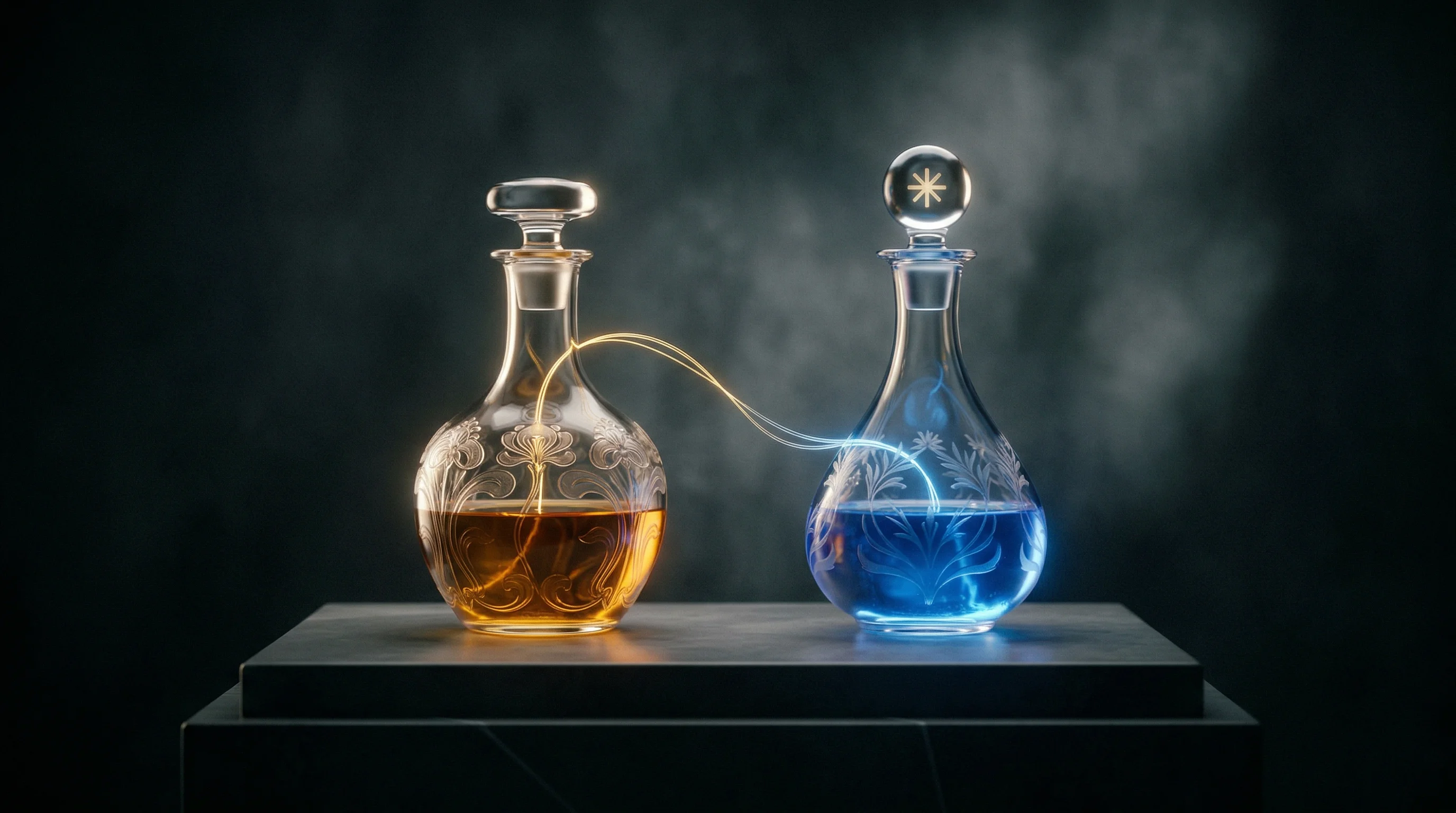 Digital illustration for article section "Compatibility comes with asterisks" in "Nanobrew Launches as 7,000x Faster Homebrew-Compatible Package Manager" - A conceptual and minimal still life featuring two elegant, distinct glass apothecary brewing vessels...