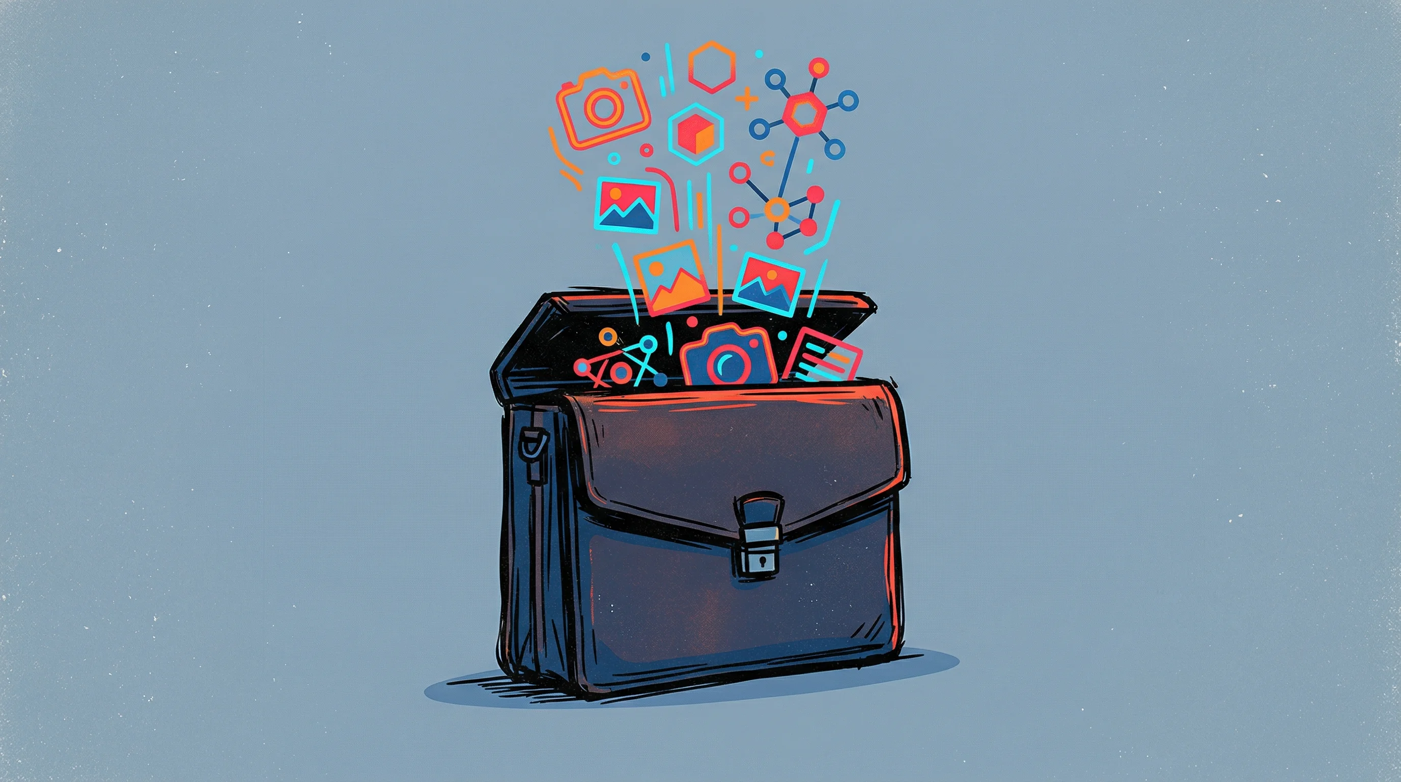 Digital illustration for article section "Unlikely Brokers" in "Panta Launches AI Brokerage to Disrupt $1 Trillion Insurance Market" - A conceptual, minimalist illustration of a classic, structured insurance broker's briefcase resting ...