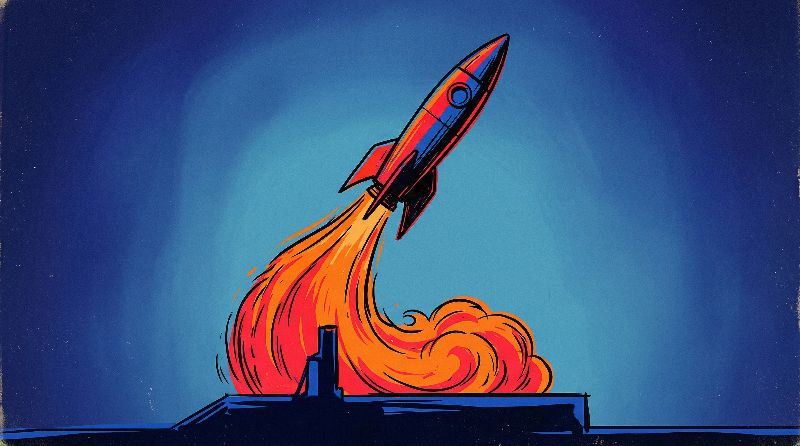 Digital illustration for article section "The Rocket Problem" in "Panta Launches AI Brokerage to Disrupt $1 Trillion Insurance Market" - A striking, minimalist illustration of a sleek rocket ascending powerfully from a launchpad, serving...