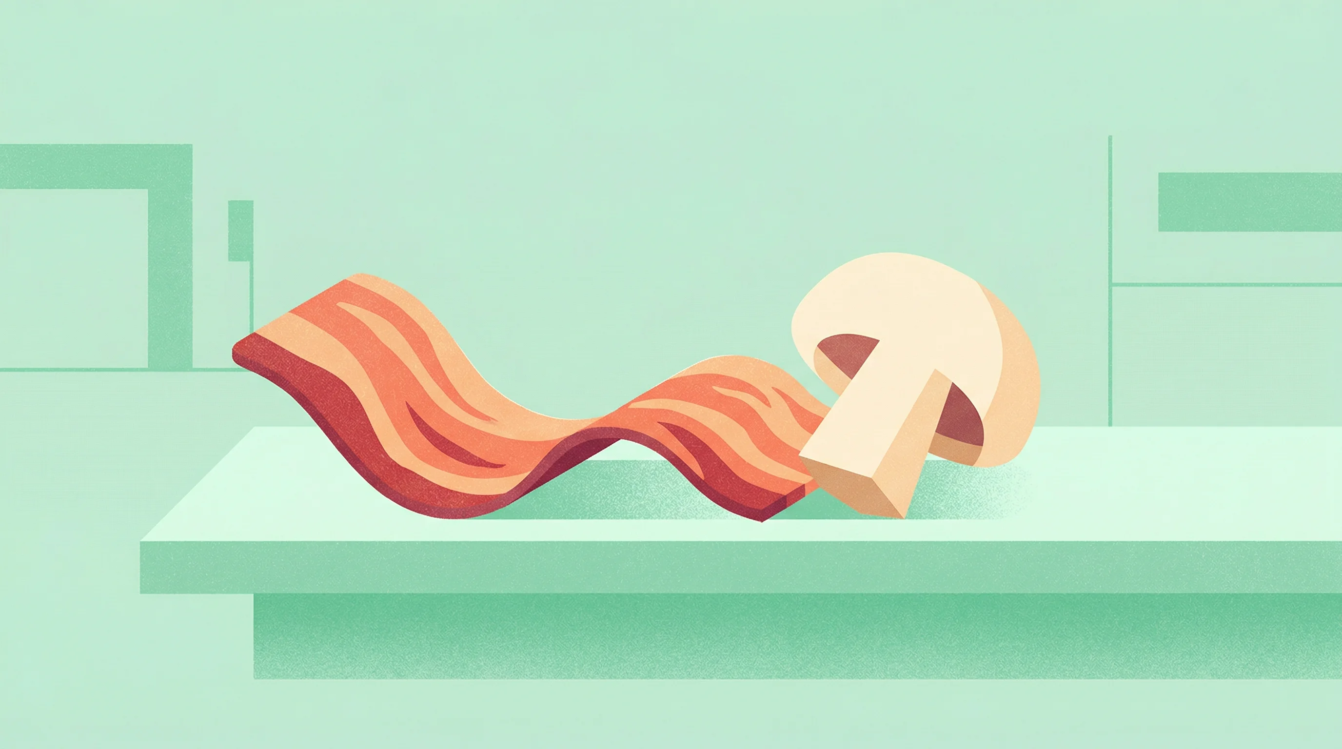 Digital illustration for article section "Mycelium Goes Mainstream" in "Synthetic Biology's Commercial Moment: Products Hit Shelves in 2026" - A clean, minimalist illustration of a stylized strip of plant-based mycelium bacon resting gracefull...