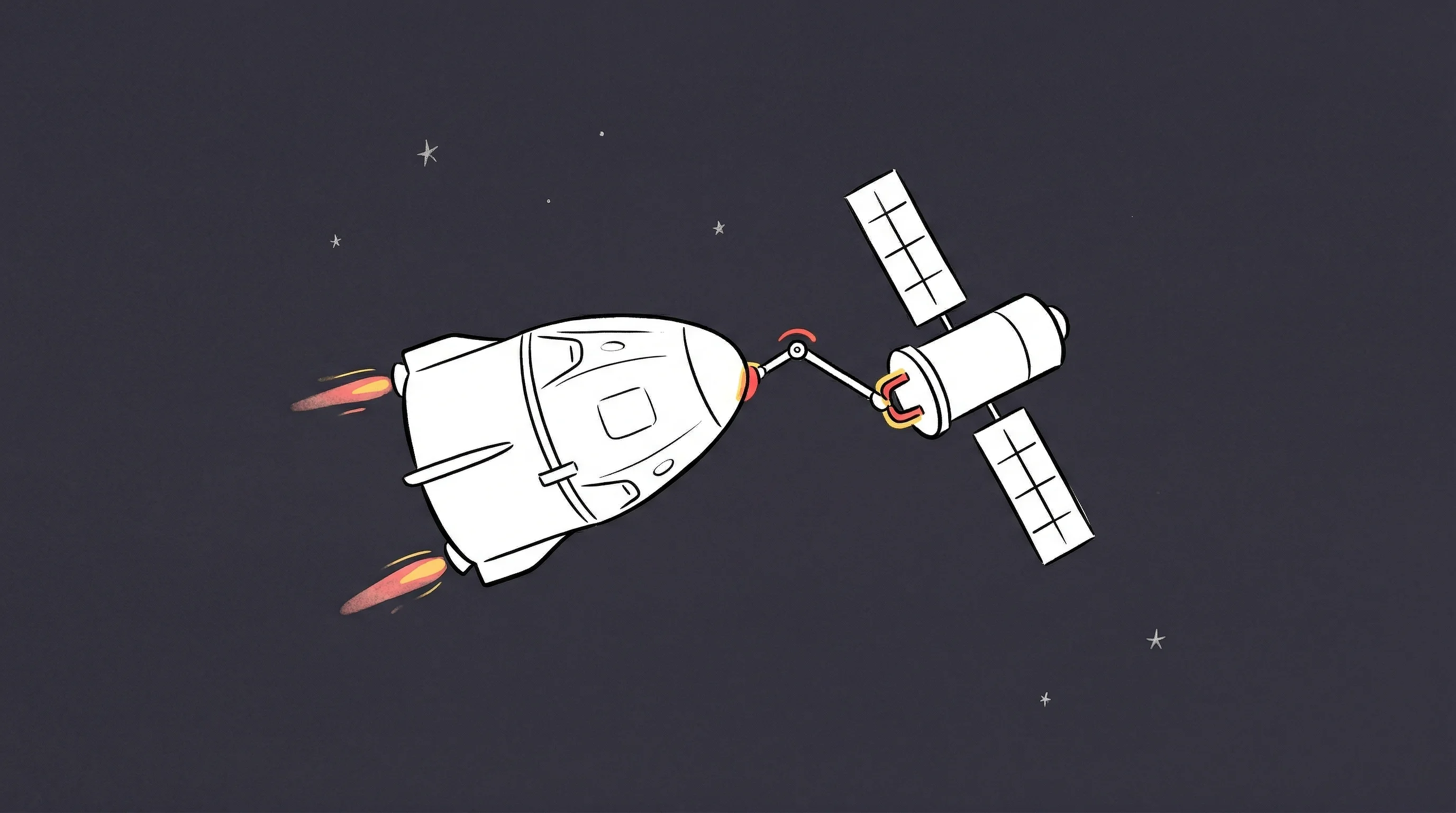 Digital illustration for article section "Crowded Skies" in "PAVE Space Secures $40M Seed to Build European Satellite Kickstage" - A minimalist, conceptual illustration of a sleek orbital servicing vehicle gently approaching a simp...
