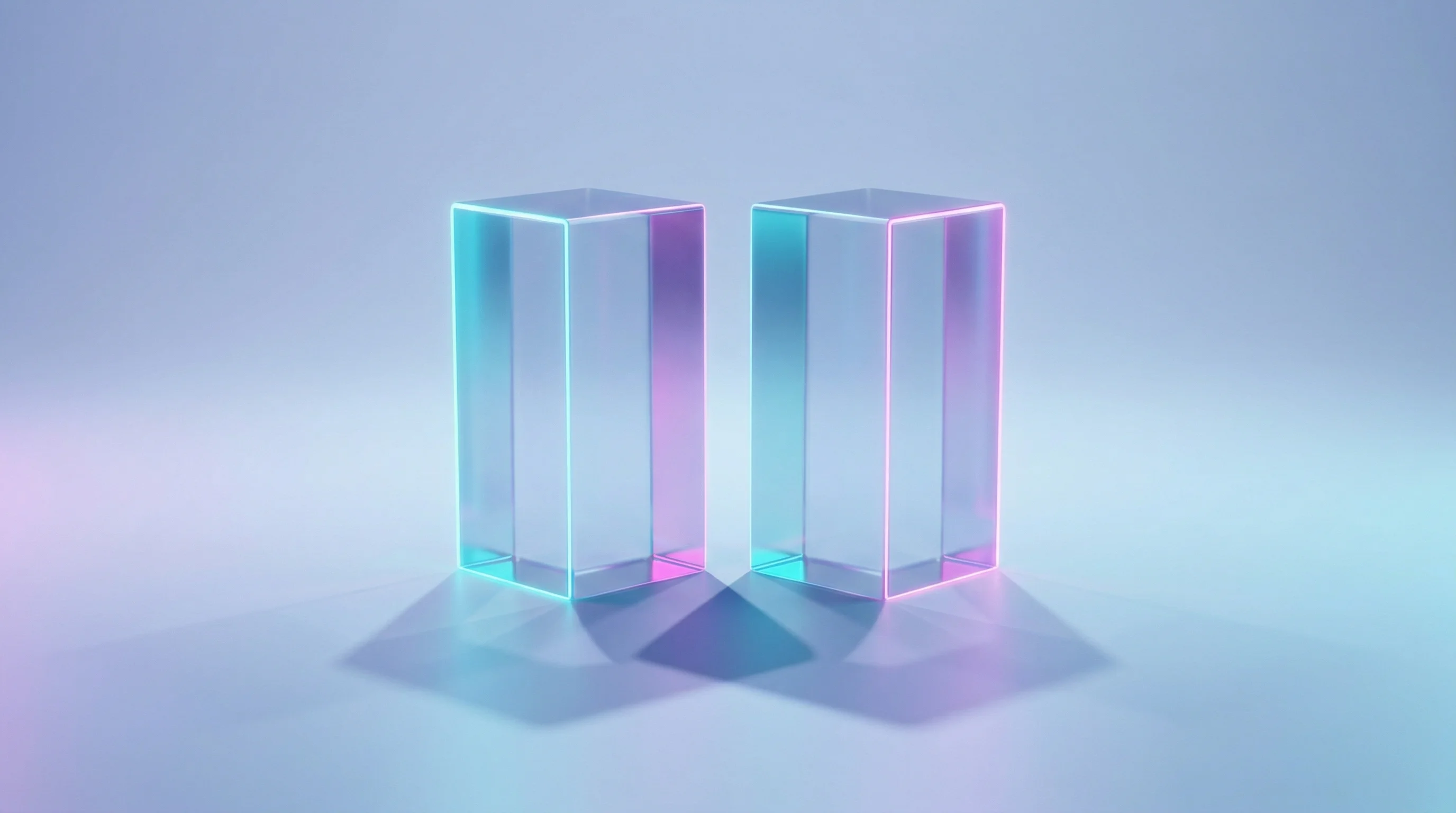 Digital illustration for article section "Two Projects, One Problem" in "Open-Source Visual Testing Tools Emerge for AI Coding Agents" - Two identical, sleek geometric monoliths stand side-by-side in an ultra-minimalist, dreamlike expans...
