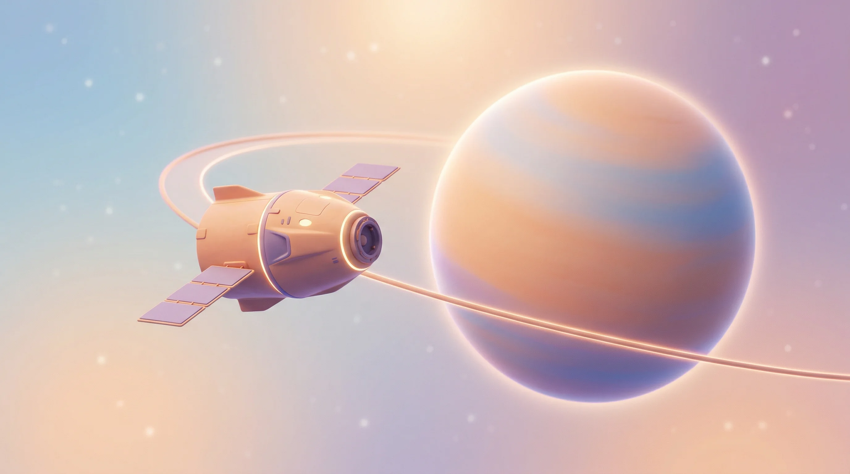 Digital illustration for article section "Flight Tests, Defense Dollars, and Market Gaps" in "CisLunar Industries Raises $2.6M to Scale Space Power Electronics" - A minimalist, professional 3D clay render of a sleek, modern space module gently orbiting a smooth, ...