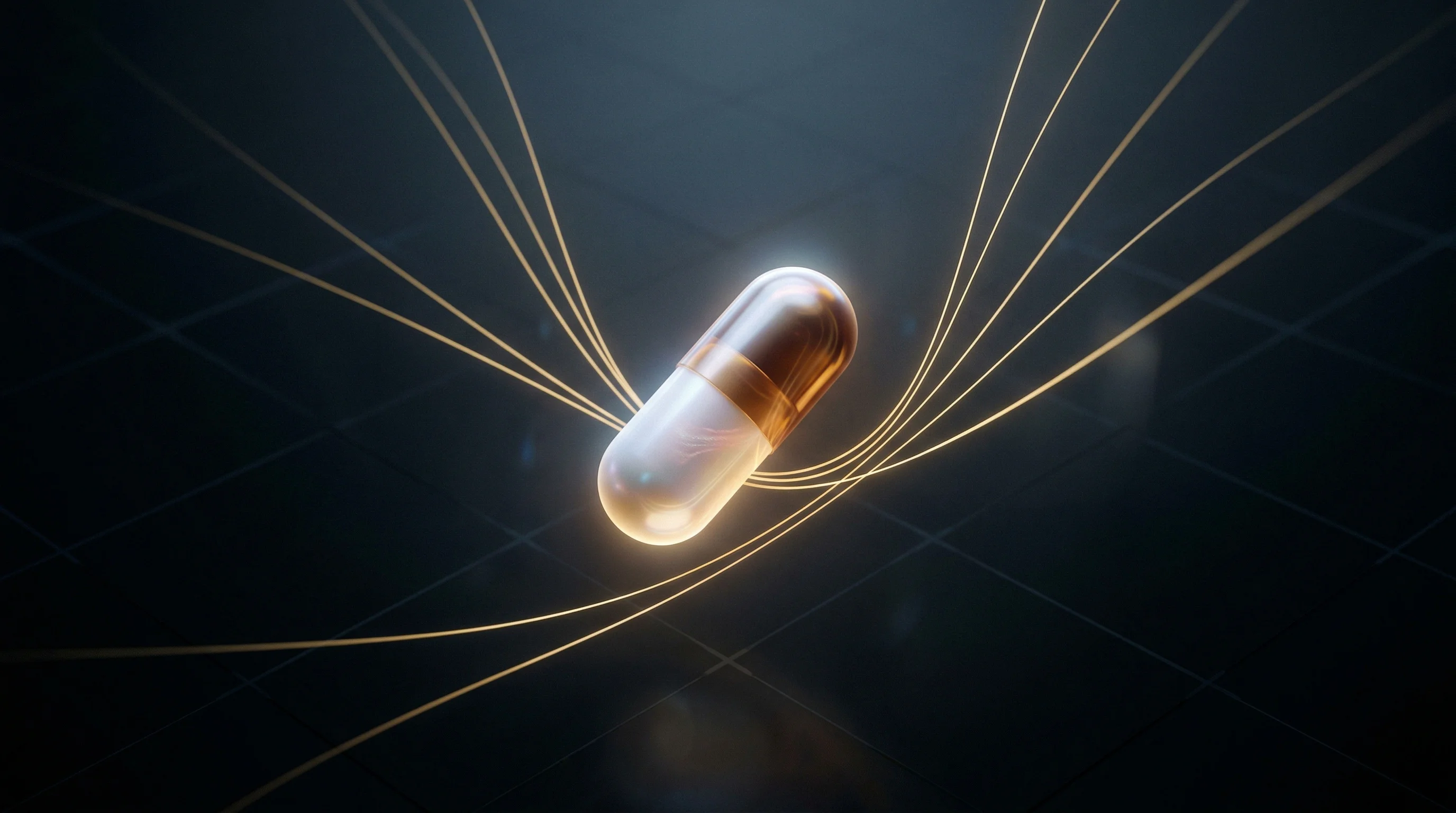Digital illustration for article section "The Broader Oral Peptide Rush" in "Pinnacle Medicines Raises $89M Series B for AI-Powered Peptide Drugs" - A sleek, advanced pharmaceutical capsule representing oral peptide platforms floats at the center of...