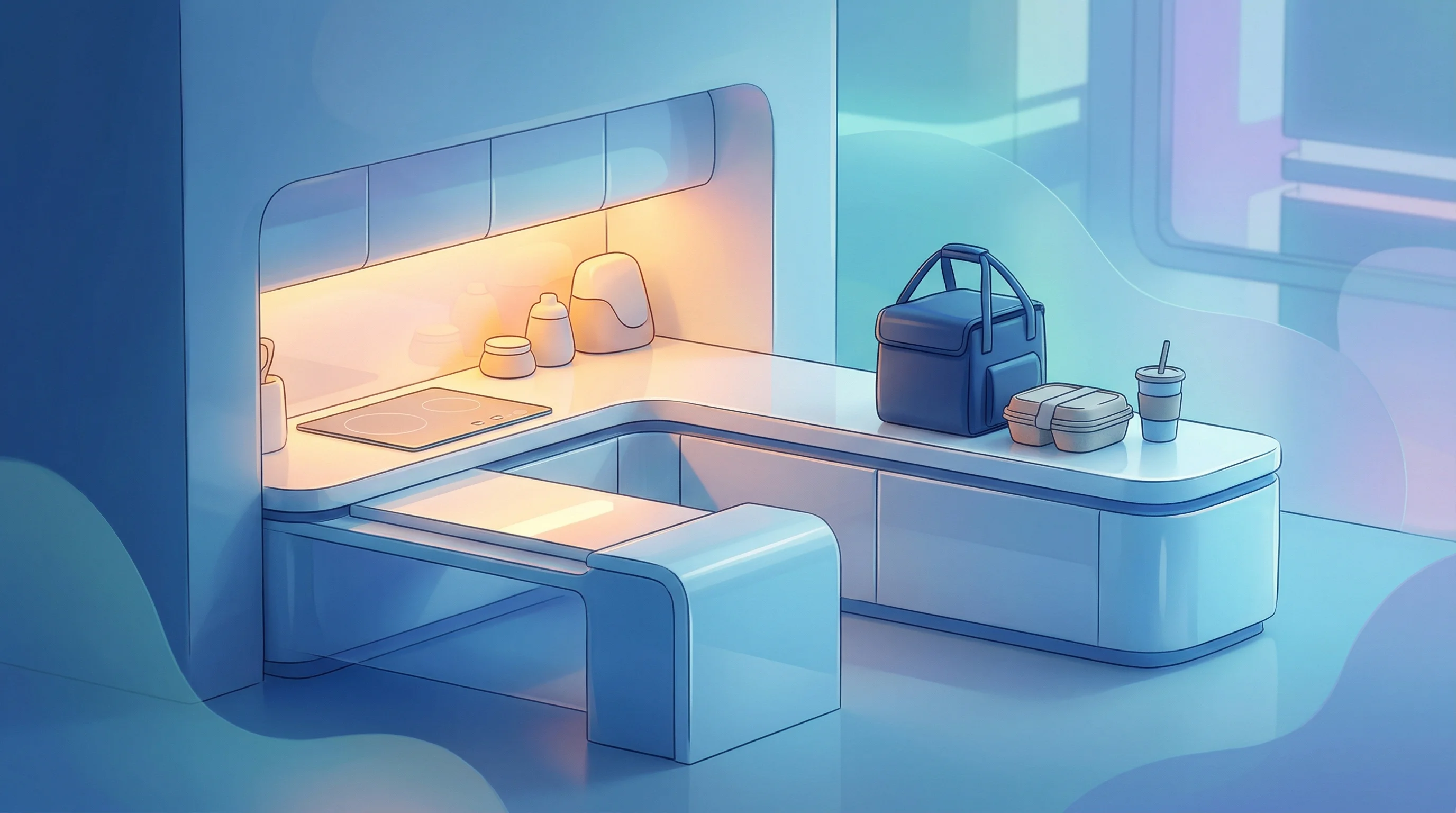 Digital illustration for article section "The Full-Stack Gamble" in "Swish Eyes $30M+ Round as 10-Minute Food Delivery Battle Heats Up" - A minimalist, compact cloud kitchen station representing seamless vertical integration, featuring a ...
