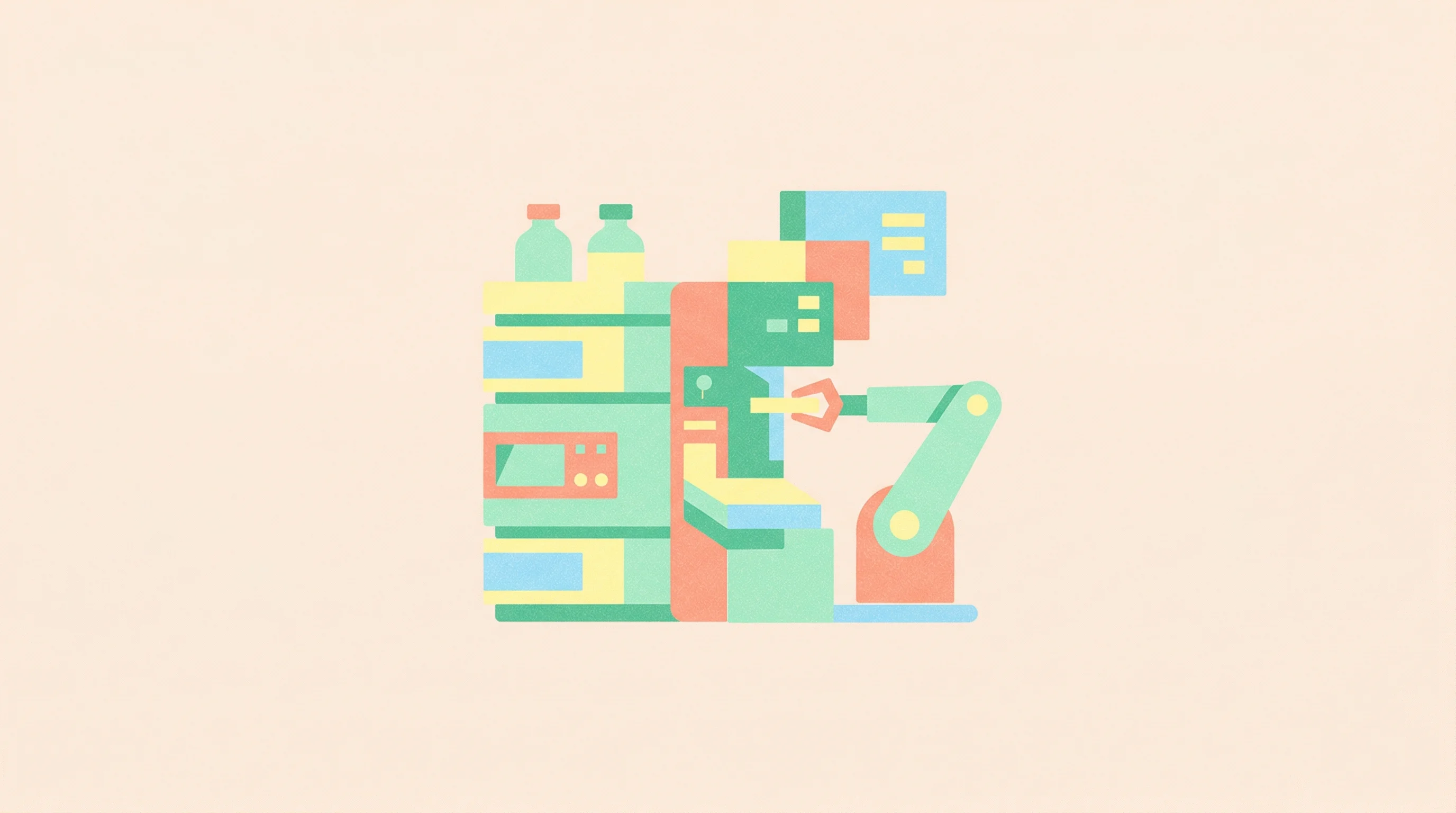 Digital illustration for article section "Industry Moves and Counter-Moves" in "YC-Backed 10x Science Launches AI Platform to Solve Drug Dev Bottleneck" - A sleek, abstract representation of modern biopharma laboratory instrumentation seamlessly interlock...