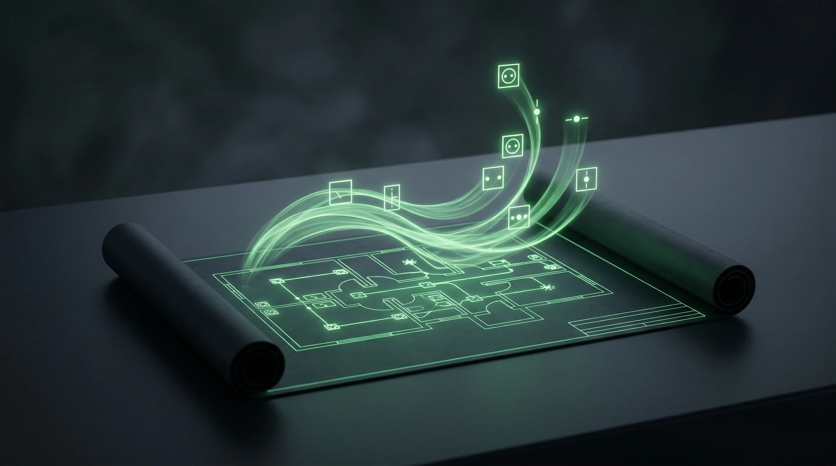 Digital illustration for article section "How the Software Actually Works" in "YC-Backed Bidflow Launches AI Copilot for Electrical Estimating" - A clean, minimalist conceptual composition featuring a sleek, unrolled architectural blueprint repre...