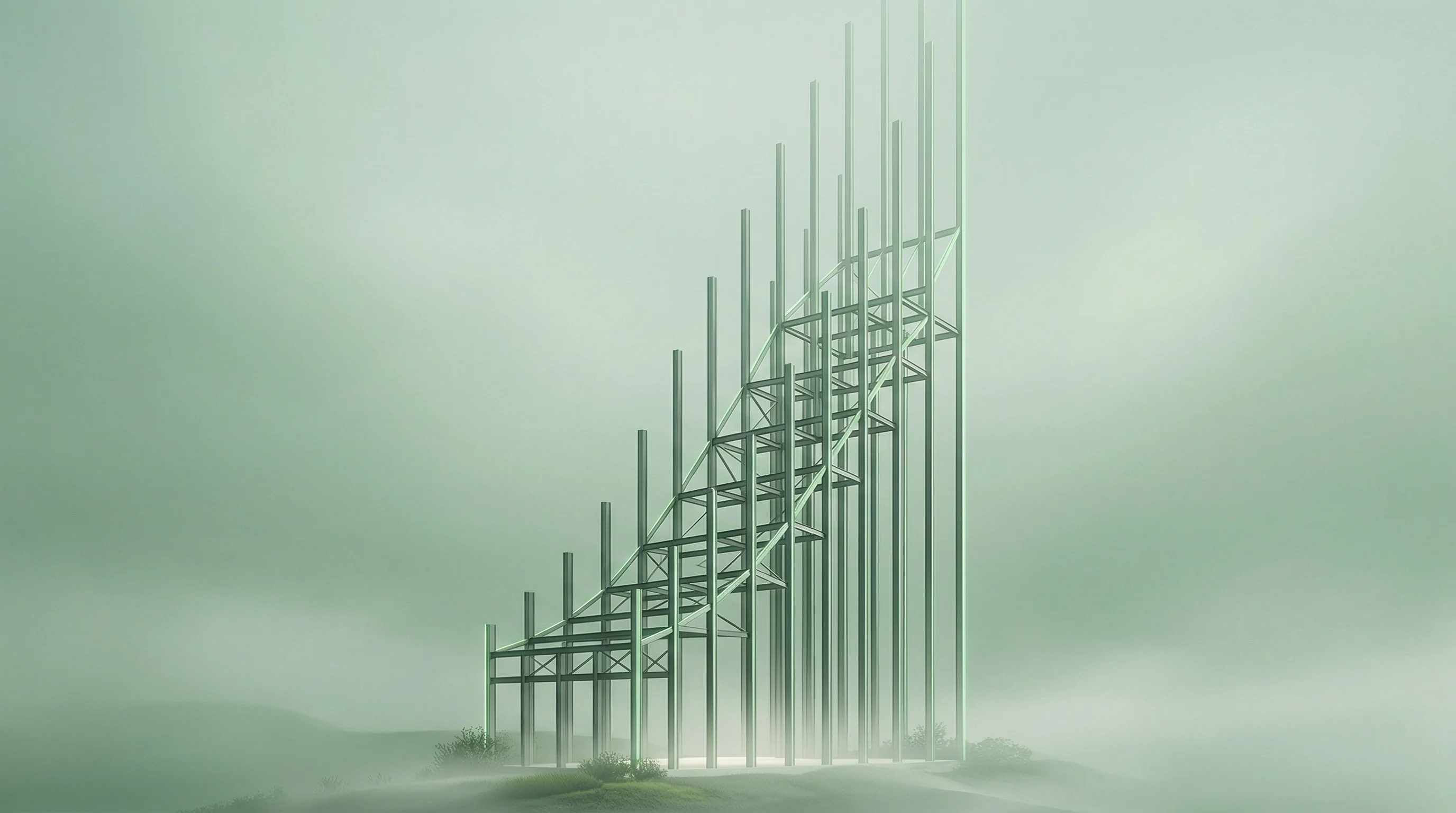 Digital illustration for article section "Timing, At Least, Seems Right" in "YC-Backed Bidflow Launches AI Copilot for Electrical Estimating" - A minimalist and conceptual architectural visualization representing a data center construction boom...