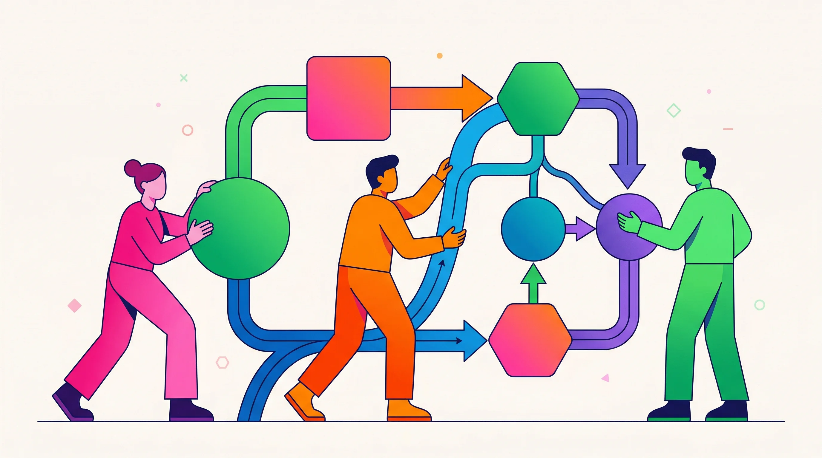 Digital illustration for article section "The Team Behind the Ambition" in "YC-Backed Corvera Launches AI Agents to Automate CPG Operations" - A clean, minimal, and modern conceptual illustration representing a highly experienced product team ...