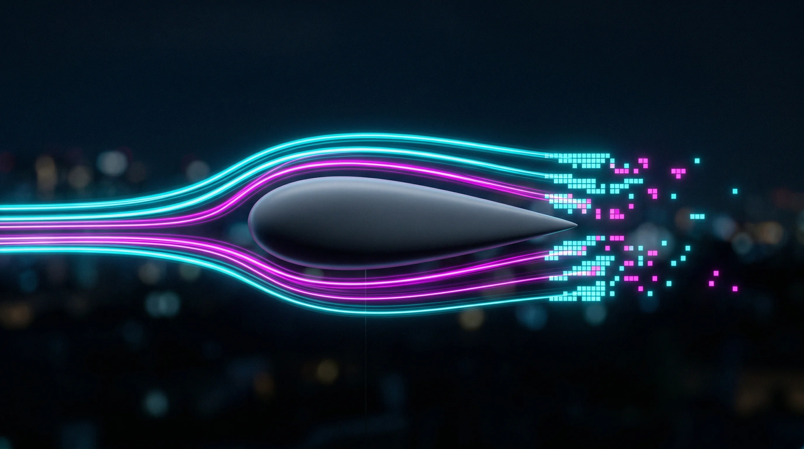 Digital illustration for article section "The Technology Inflection" in "Physics-Informed AI Tackles the $64B Building Energy Crisis" - A sleek, minimalist aerodynamic object, resembling an abstract wing section or smooth teardrop, is s...