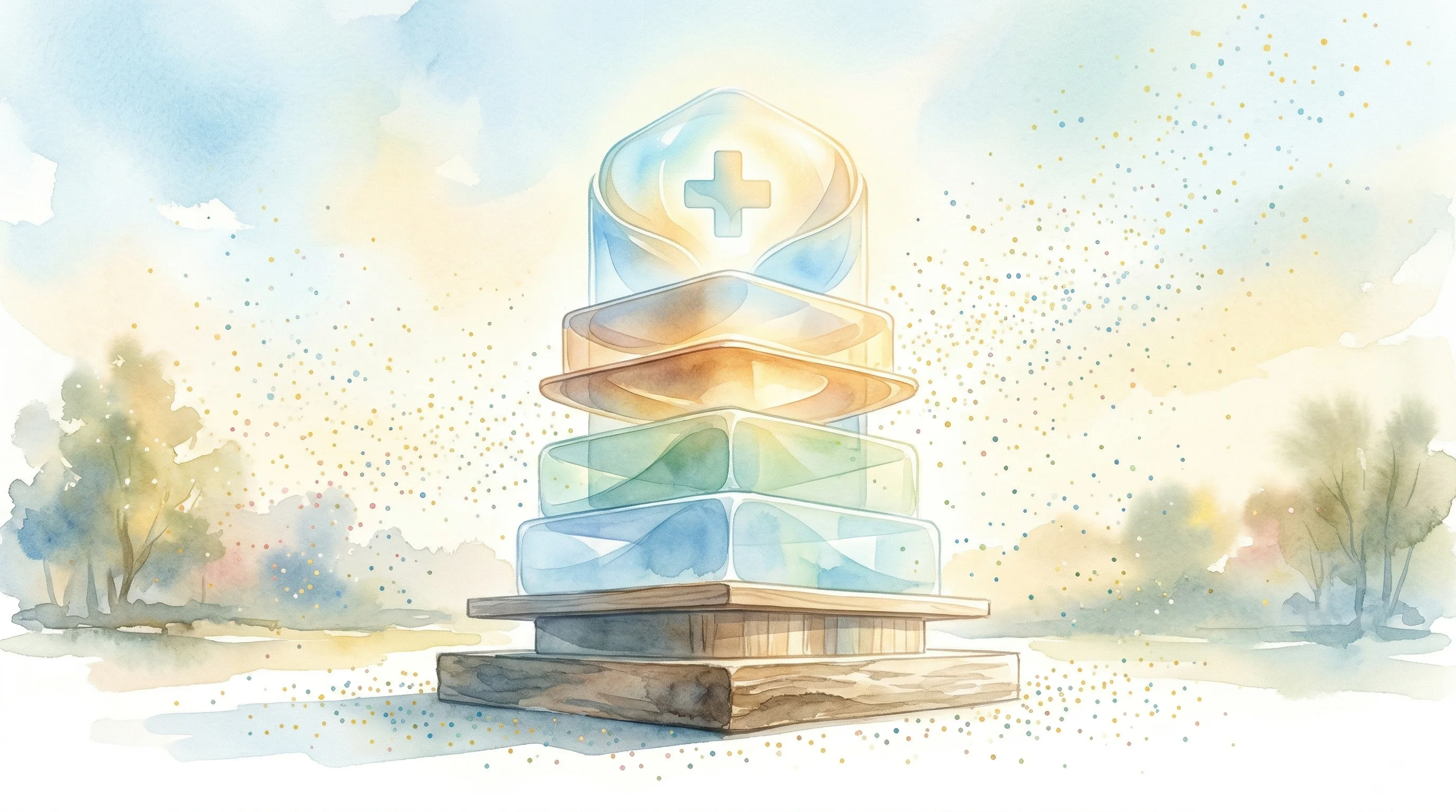 Digital illustration for article section "What Plum Is Actually Building" in "Plum's Rumored $20M Series B: What We Know About the Insurtech Deal" - A serene, conceptual image of a minimalist, modern architectural structure representing a new health...