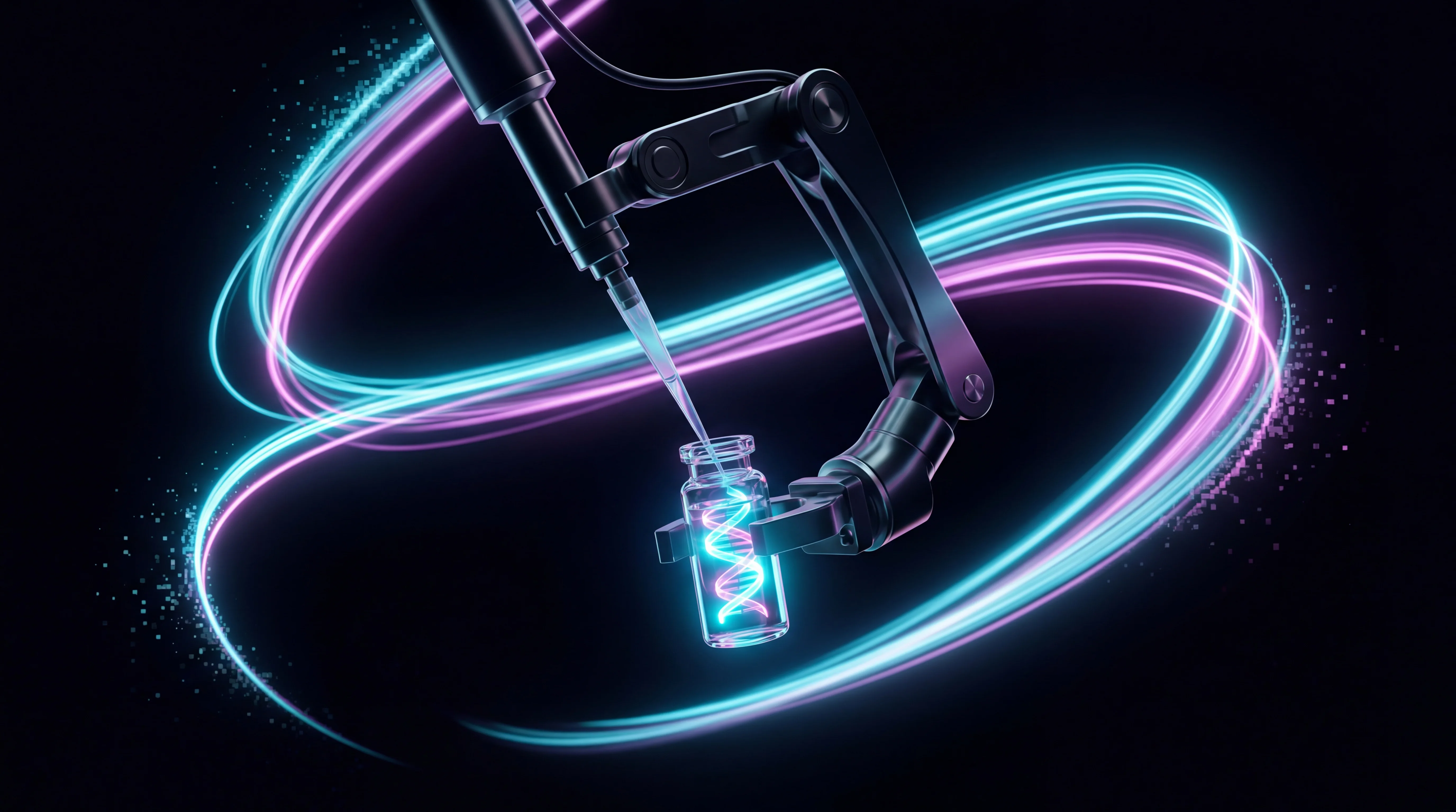 Digital illustration for article section "Self-Driving Labs, Actually Running" in "AI Co-Scientists Take the Lab: How Automation Is Remaking R&D" - A minimalist, highly focused conceptual image of a sleek, automated robotic liquid-handling arm deli...