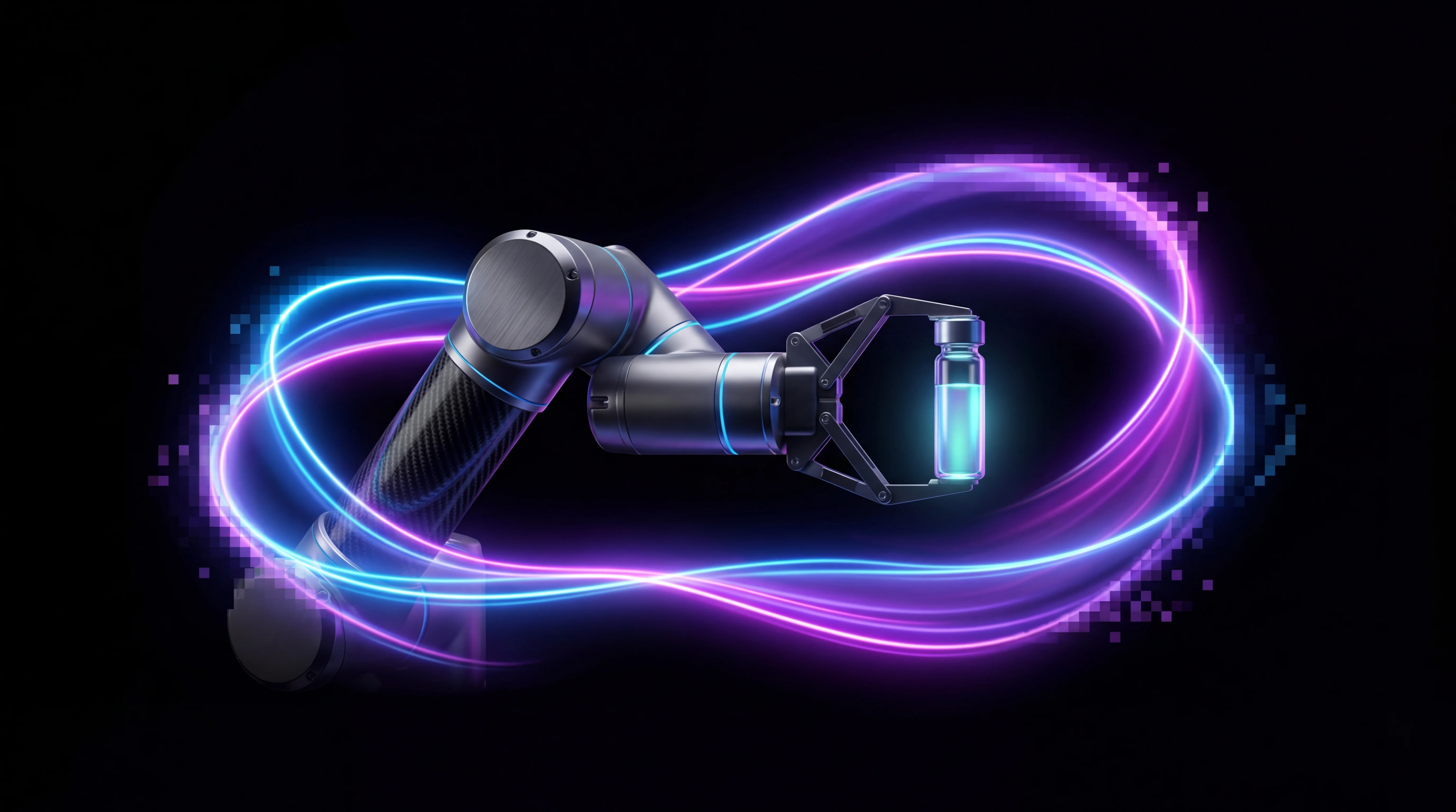 Digital illustration for article section "What Comes Next" in "AI Co-Scientists Take the Lab: How Automation Is Remaking R&D" - A sleek, automated robotic precision arm gently holding a modern transparent laboratory vial, symbol...