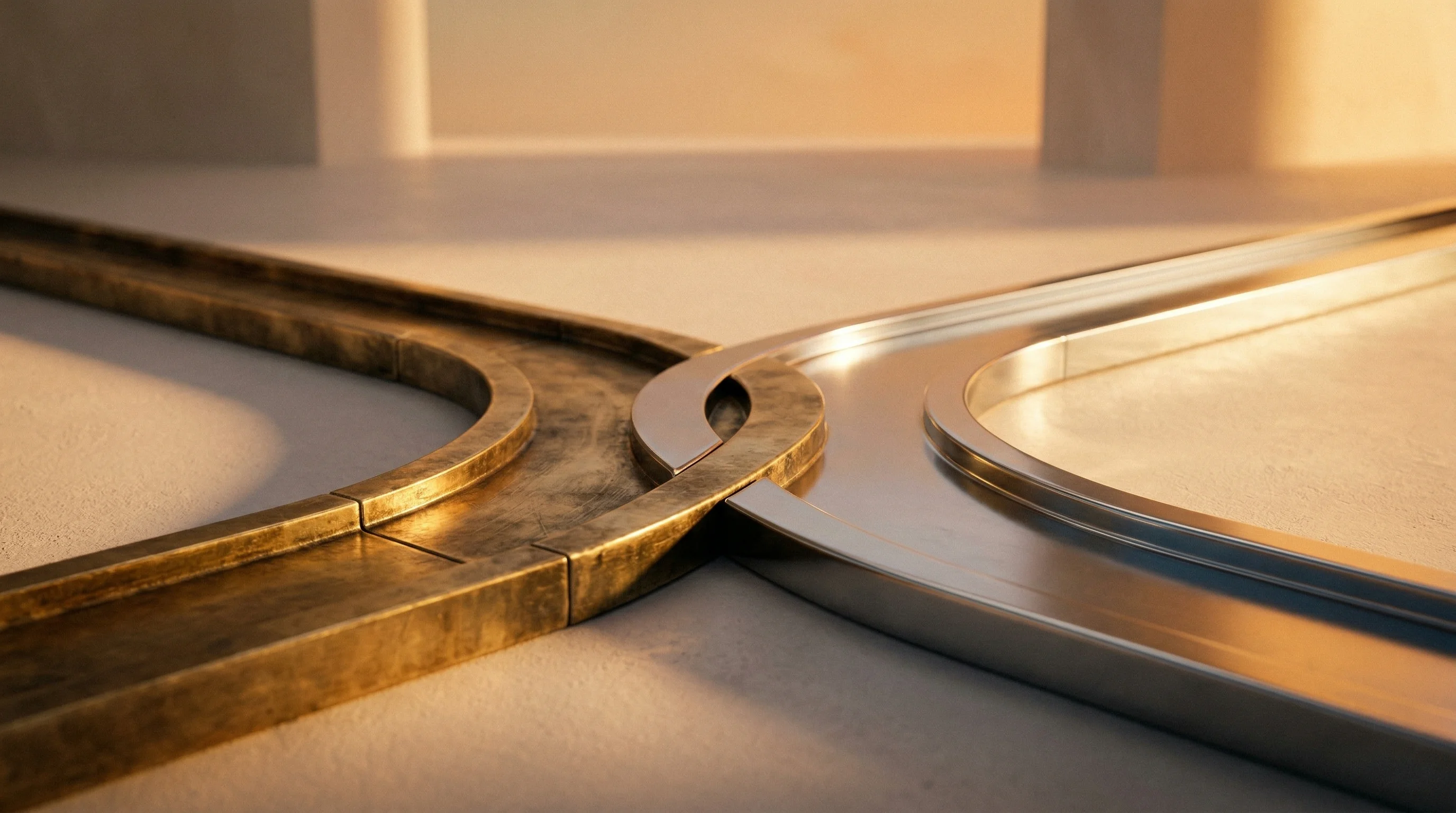 Digital illustration for article section "Convergence, or Collision?" in "Tazapay Lands Ripple, Circle in Series B to Bridge Fiat and Crypto" - A conceptual and minimal cinematic photograph capturing the convergence of two distinct pathways, sy...