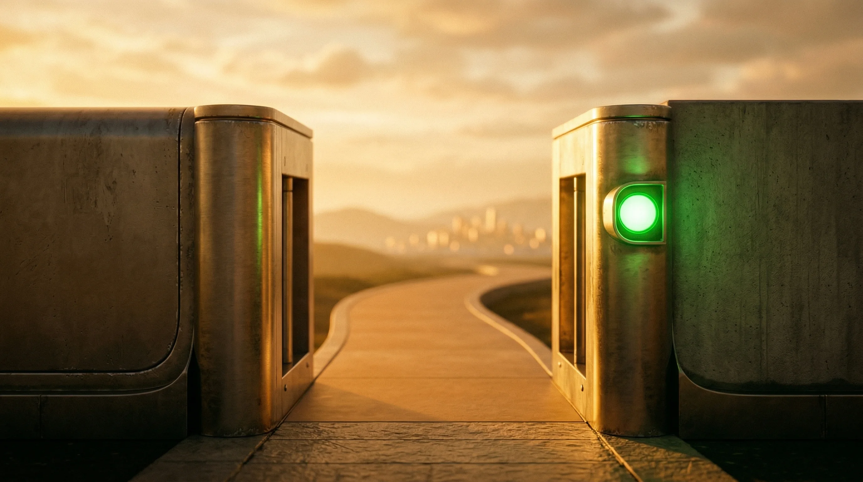 Digital illustration for article section "Green Lights from the Gatekeepers" in "The Race to Build Infrastructure for Human Digital Twins in Healthcare" - A conceptual, minimalist scene representing regulatory approval and shifting industry guidance, feat...