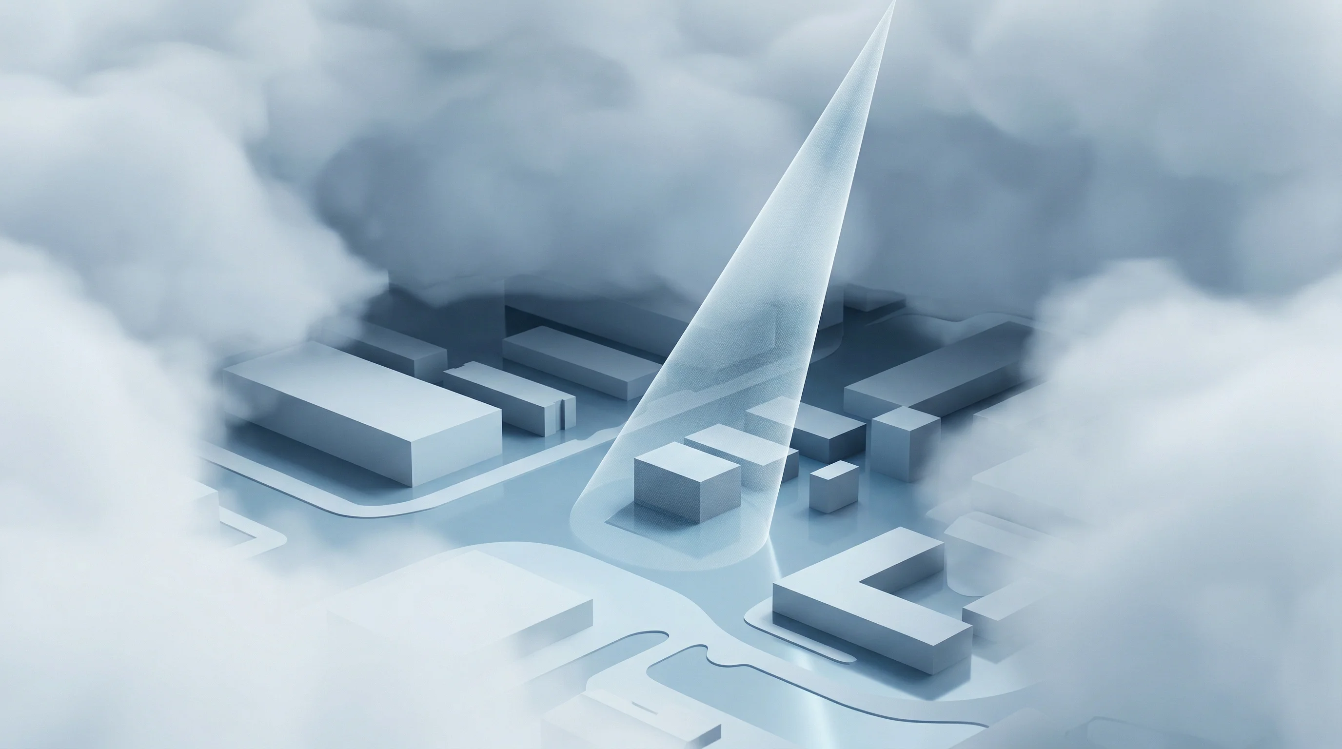 Digital illustration for article section "Stress-Tested in the Storm Zone" in "All-Weather Earth Observation: How AI Solves Satellites' Cloud Problem" - A minimalist, futuristic aerial view of a flooded landscape representing a disaster zone, featuring ...