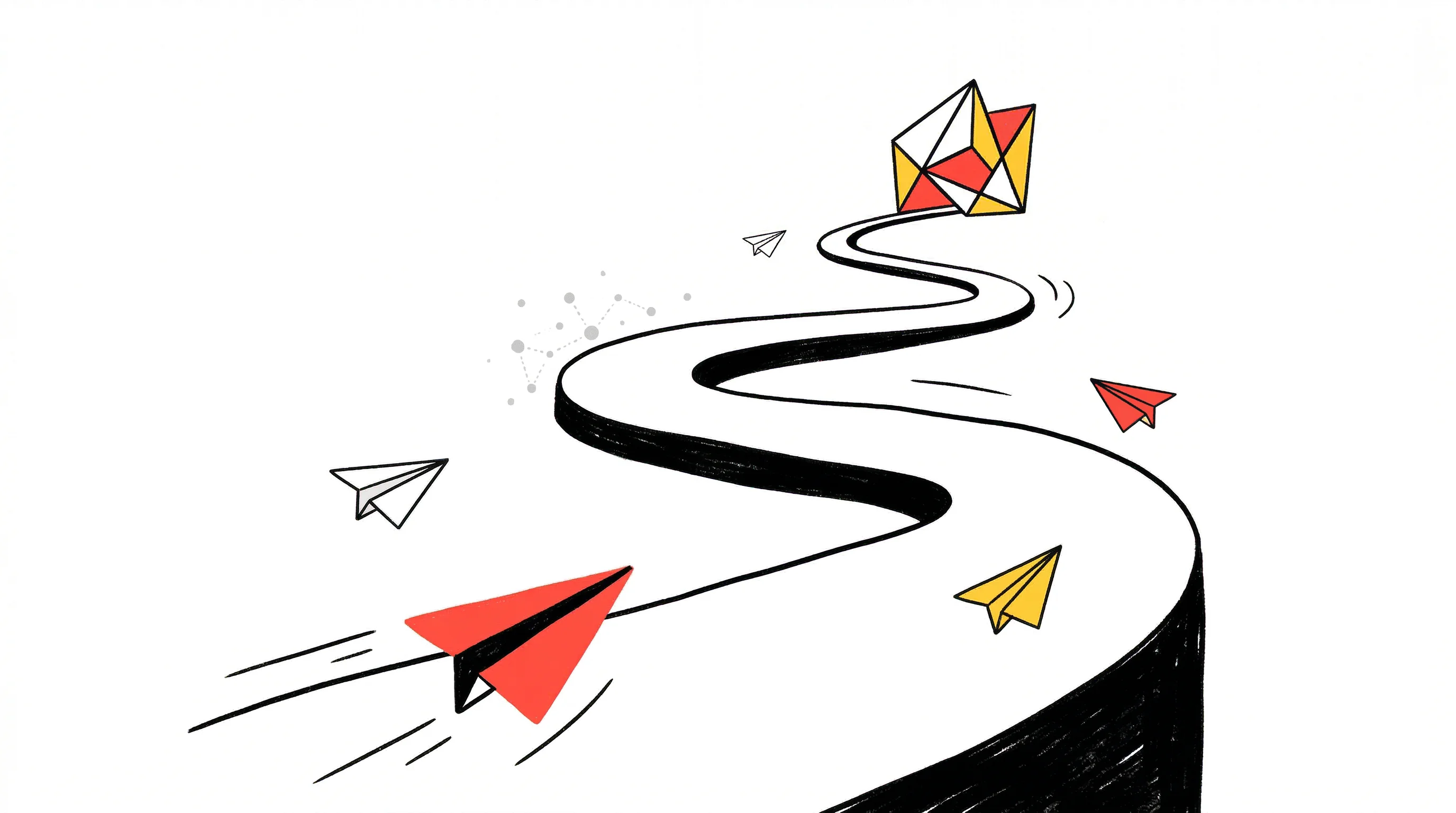 Digital illustration for article section "The Road Ahead" in "YC-Backed Stilta Launches AI Platform to Automate Patent Drafting" - A conceptual and minimalist hand-drawn illustration depicting a sweeping, winding path stretching in...