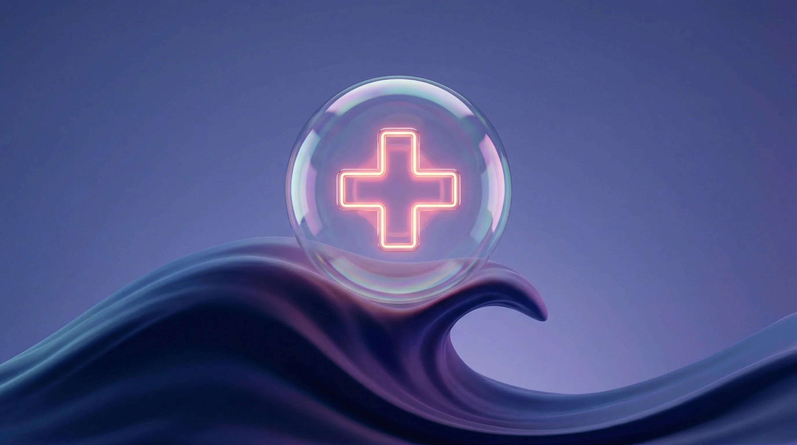 Digital illustration for article section "Riding the Clinical AI Wave (Or Is It a Bubble?)" in "Thesis Care Raises $45M Series A for AI-Powered Clinical Teams" - A clean, minimalist 3D motion graphics illustration of a large, pristine, iridescent crystal bubble ...