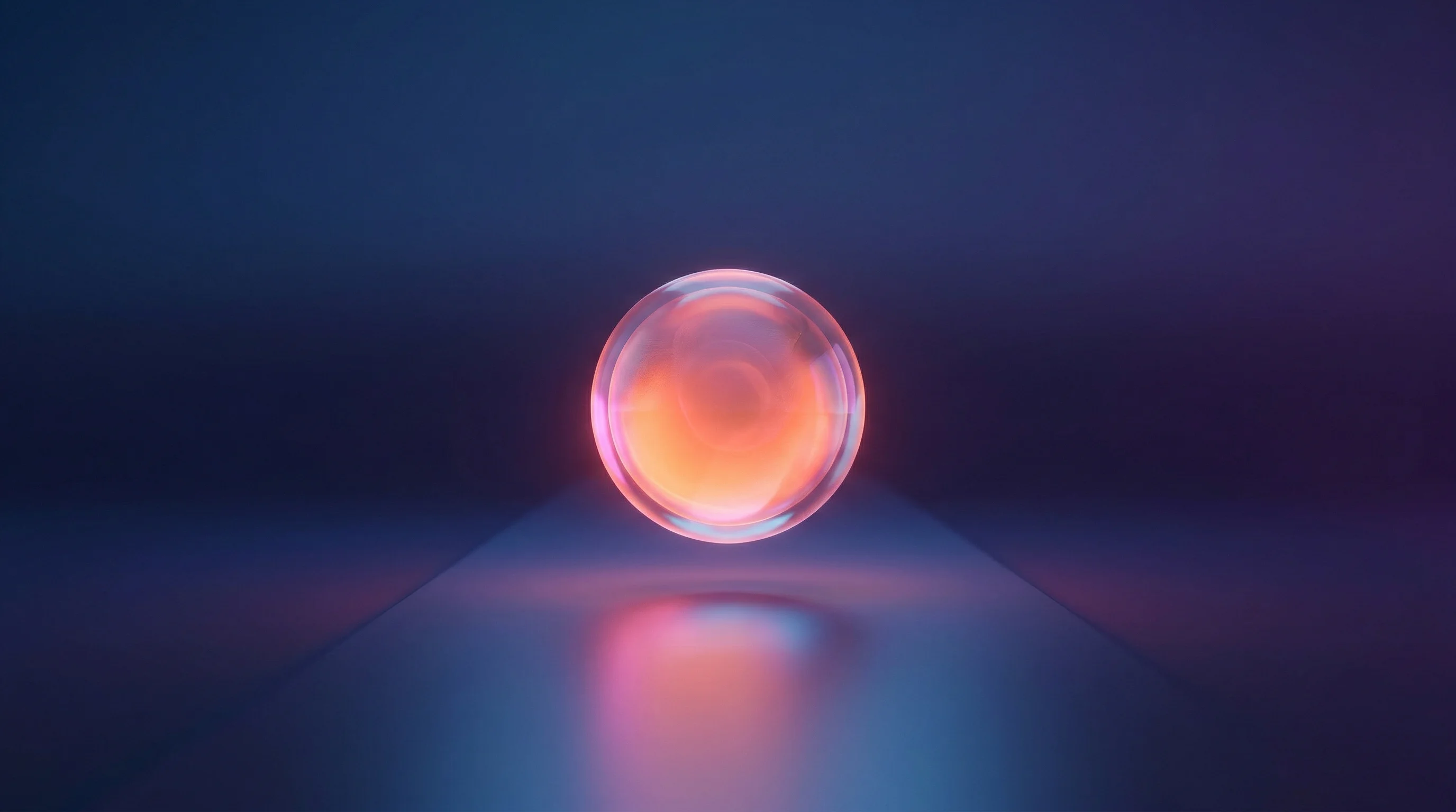 Digital illustration for article section "What Happens Next" in "Thesis Care Raises $45M Series A for AI-Powered Clinical Teams" - A sleek, minimalist 3D conceptual illustration of a single, semi-transparent crystal orb floating ge...