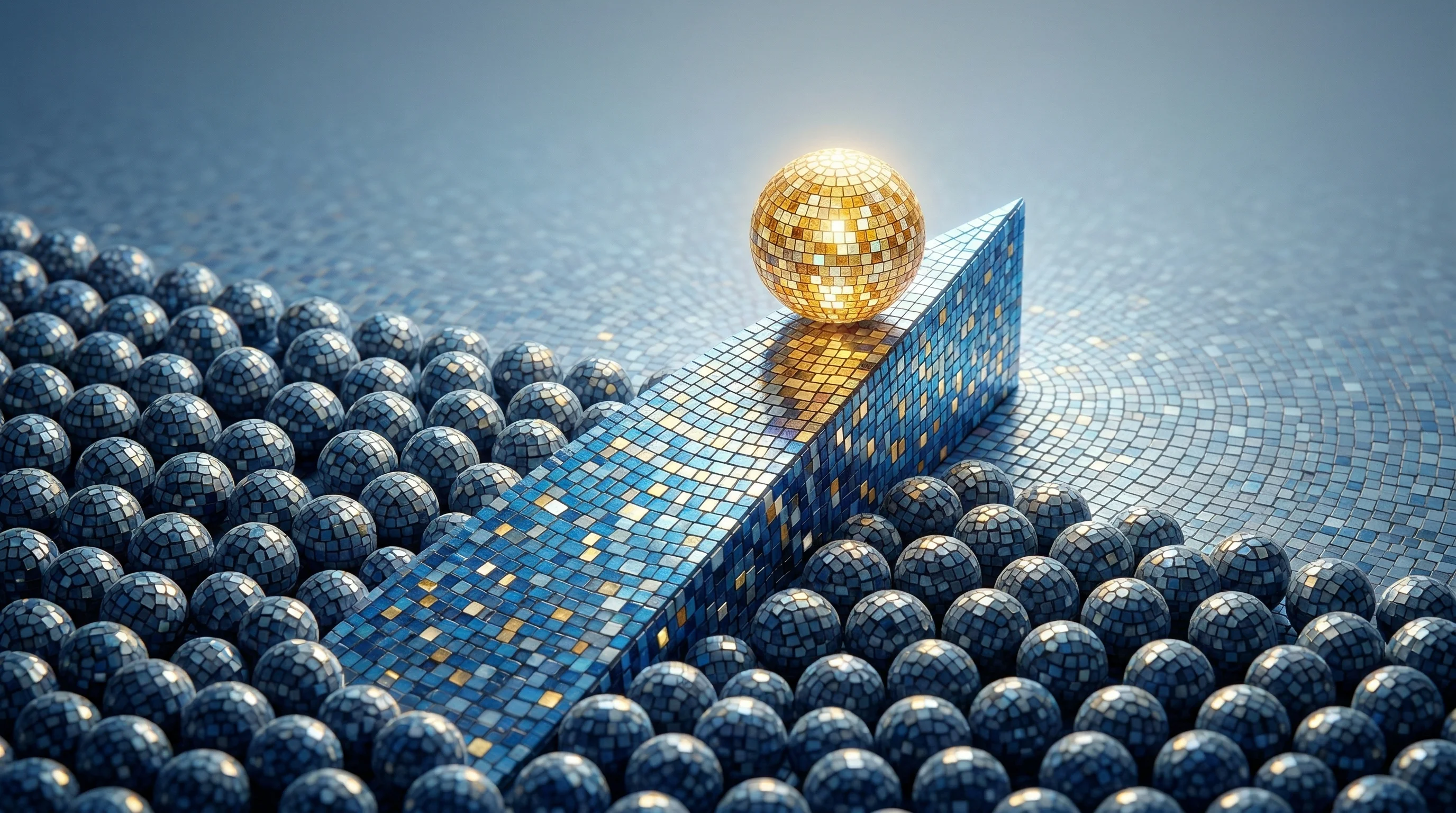 Digital illustration for article section "Crowded Territory, Unclear Edge" in "Tori Finance Emerges With Institutional DeFi Yield Protocol" - A sleek, modern conceptual scene featuring a single, sharp, distinct geometric wedge carving its way...