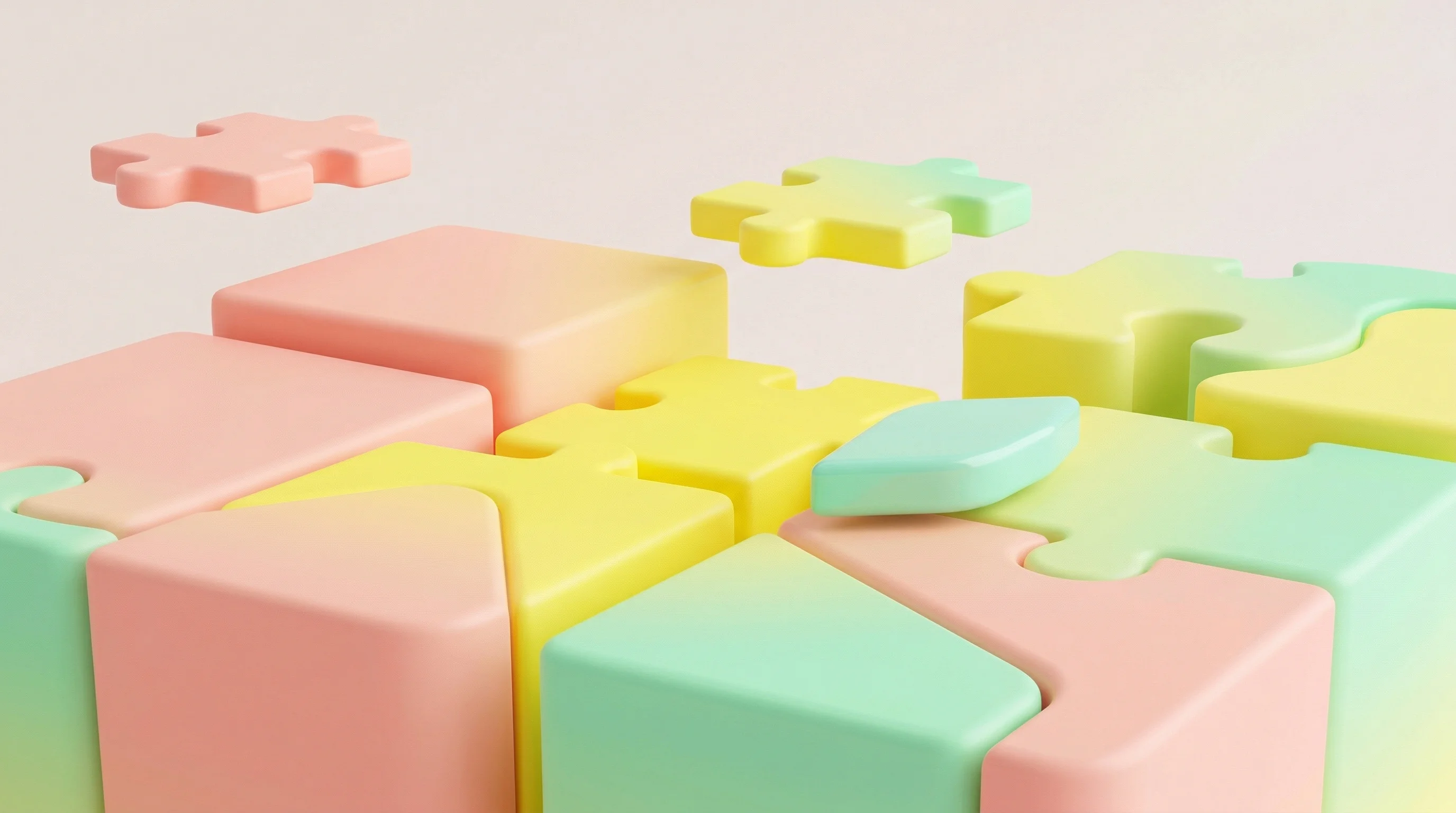 Digital illustration for article section "A Fragmented Landscape" in "YC-Backed Rhizome AI Launches FDA Intelligence Platform for Pharma" - A minimalist, conceptual 3D rendering of a fragmented landscape representing a divided regulatory in...