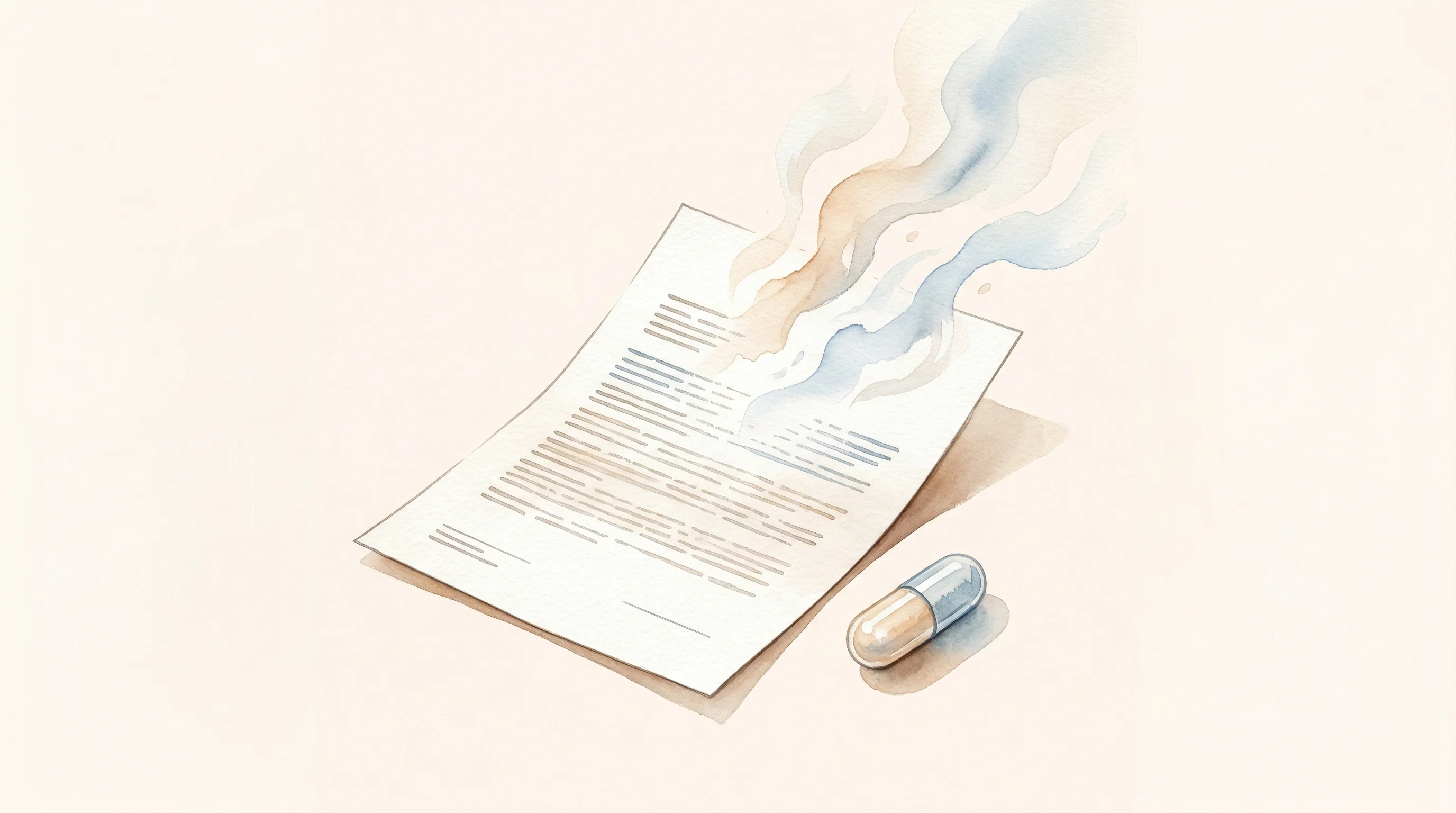 Digital illustration for article section "The Hallucination Problem" in "YC-Backed Ritivel Automates Drug Regulatory Filings with AI" - A minimalist, conceptual illustration focusing on a single, crisp medical regulatory document restin...