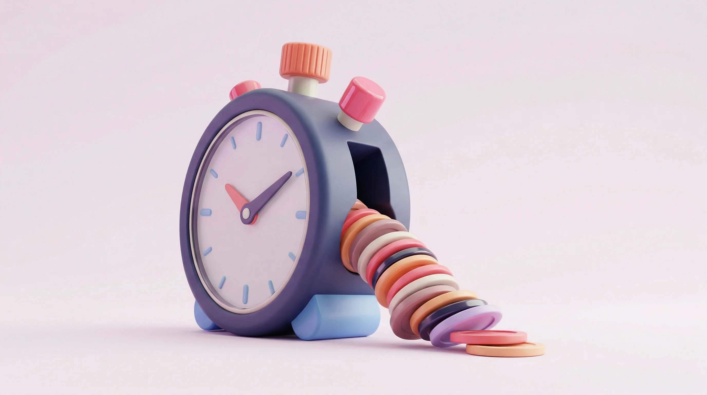 Digital illustration for article section "Real Customers, Real Hours Saved" in "YC-Backed FullSeam Launches AI Employee to Automate Finance Tasks" - A minimalist, conceptual 3D illustration of a stylized, oversized stopwatch seamlessly dispensing a ...