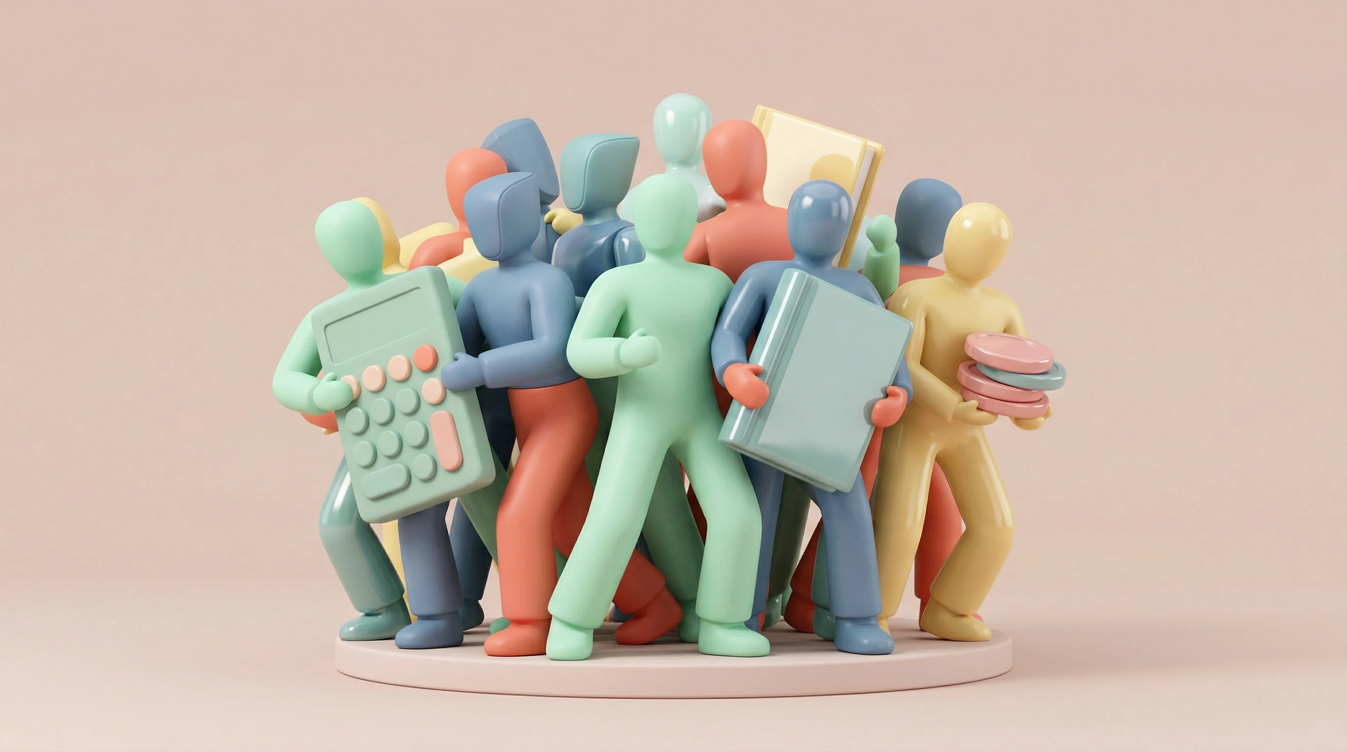 Digital illustration for article section "A Crowded, Noisy Market" in "YC-Backed FullSeam Launches AI Employee to Automate Finance Tasks" - A surreal, minimalist 3D Pop Art Toy style illustration representing a crowded, highly competitive m...