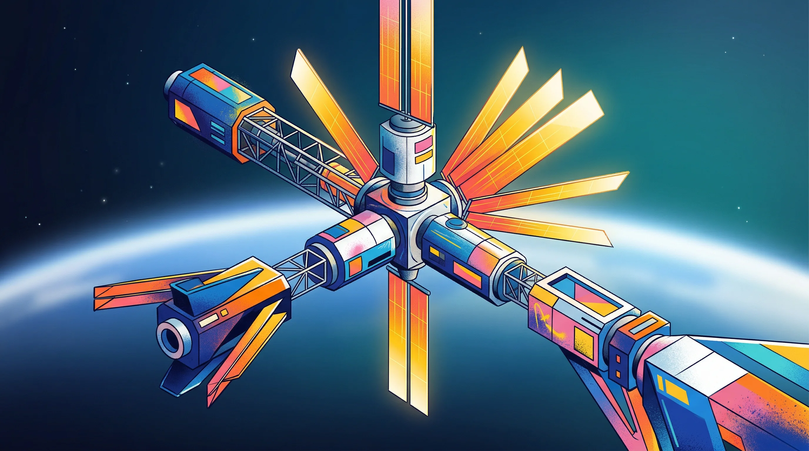 Digital illustration for article section "Three Forces Converging" in "Space Solar Arrays Hit Inflection Point as YC-Backed Startup Enters Race" - A minimalist, conceptual illustration of a modern commercial space station module under construction...