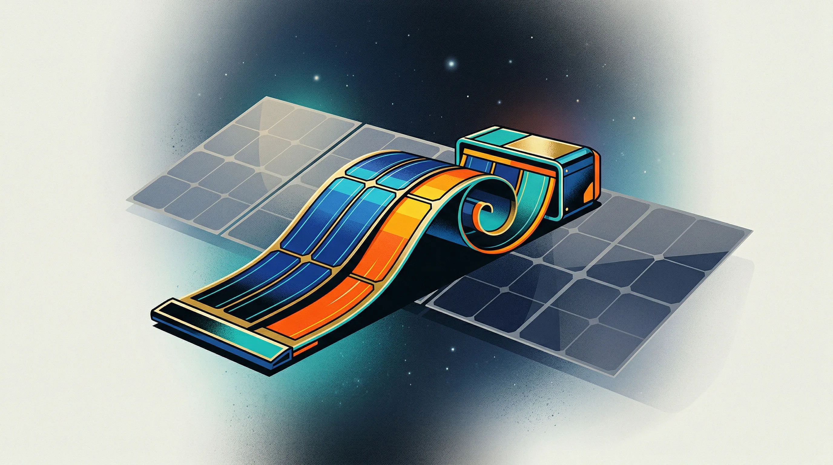 Digital illustration for article section "Proof Points and Prototypes" in "Space Solar Arrays Hit Inflection Point as YC-Backed Startup Enters Race" - A clean, minimalist modern illustration of an advanced prototype aerospace solar array wing smoothly...