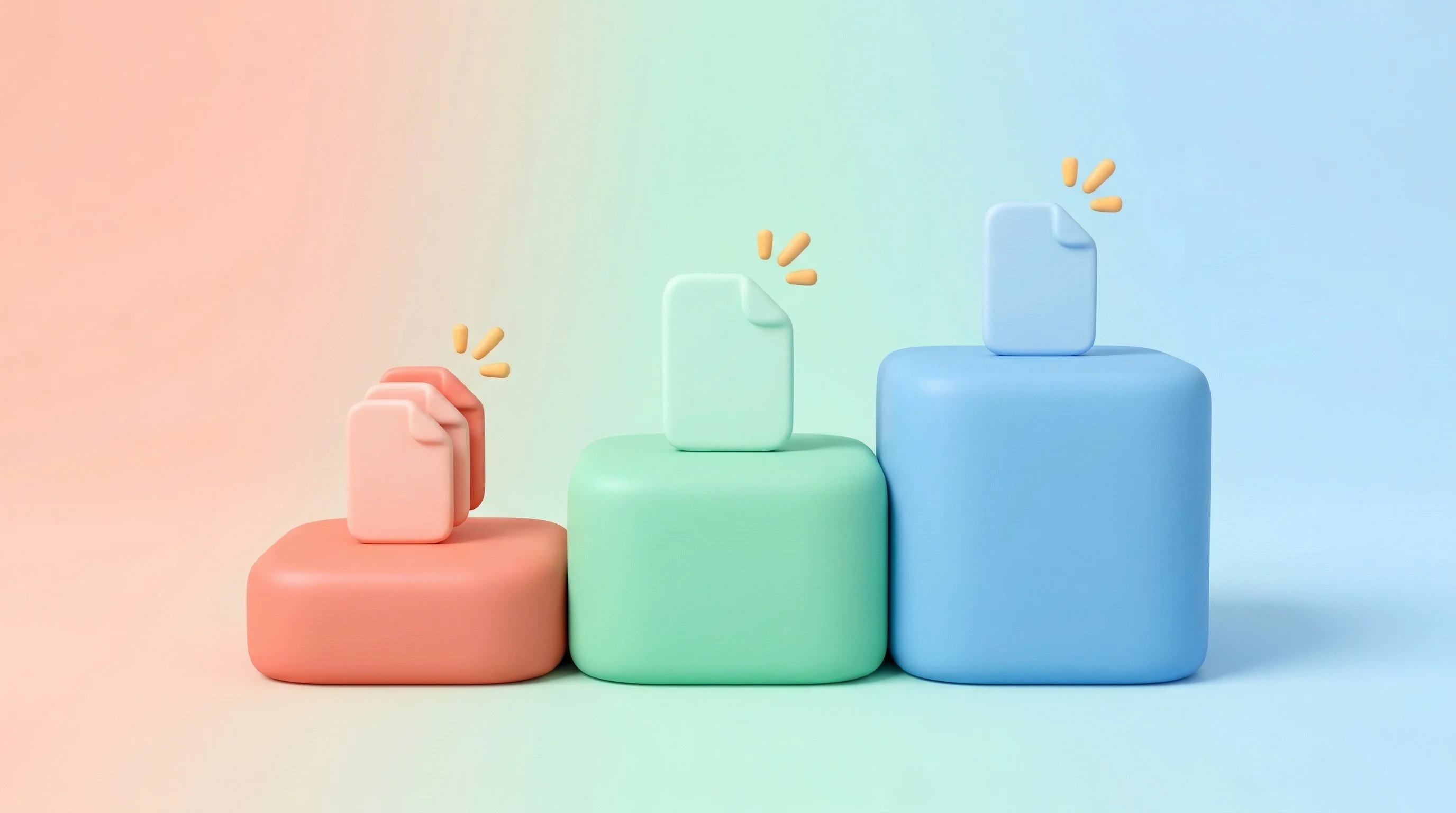 Digital illustration for article section "What It Costs" in "YC W26's Sitefire Launches Marketing Suite for AI Agent Discovery" - A clean, minimalist 3D illustration representing three subscription pricing tiers for a content gene...