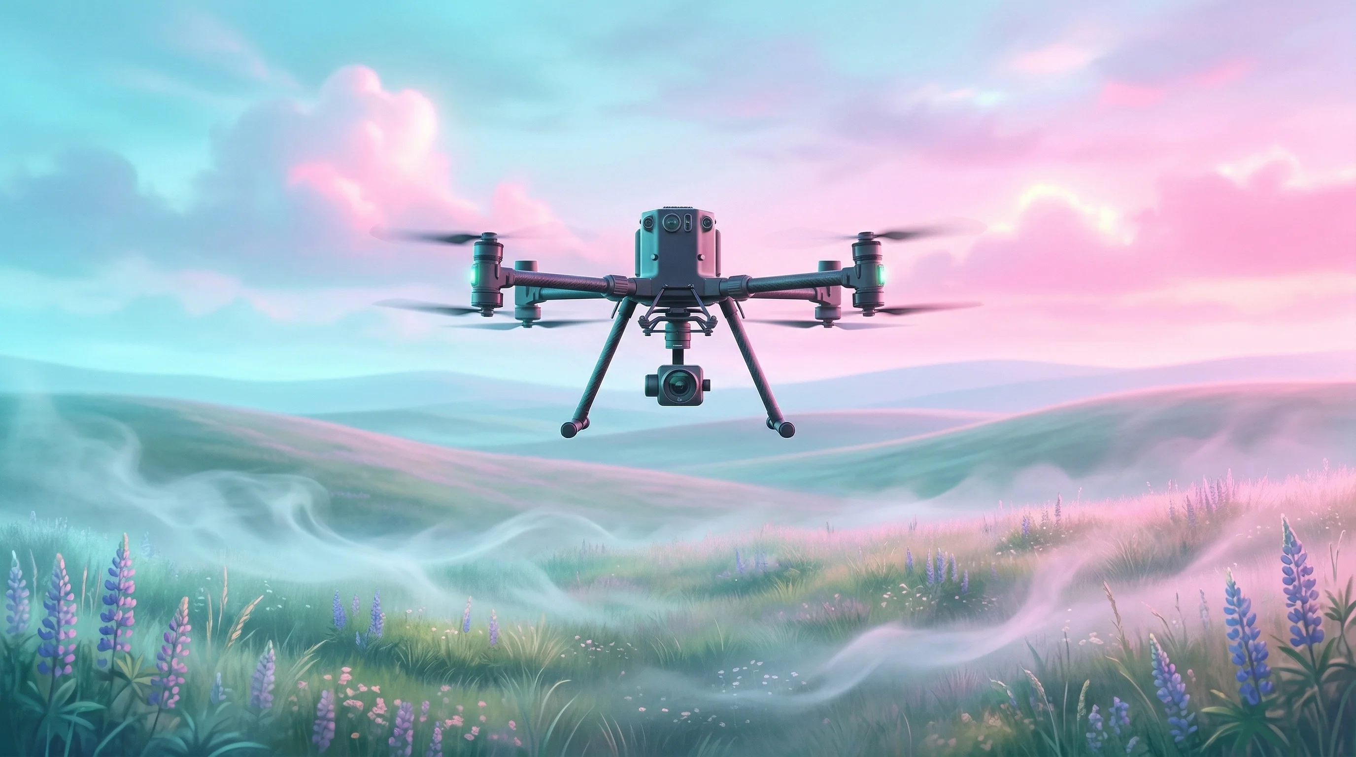 Digital illustration for article section "Three Forces Converging" in "The Robot Cowboys: How AI Drones Are Transforming Cattle Ranching" - A sleek, modern enterprise-grade drone equipped with advanced camera sensors hovers effortlessly as ...