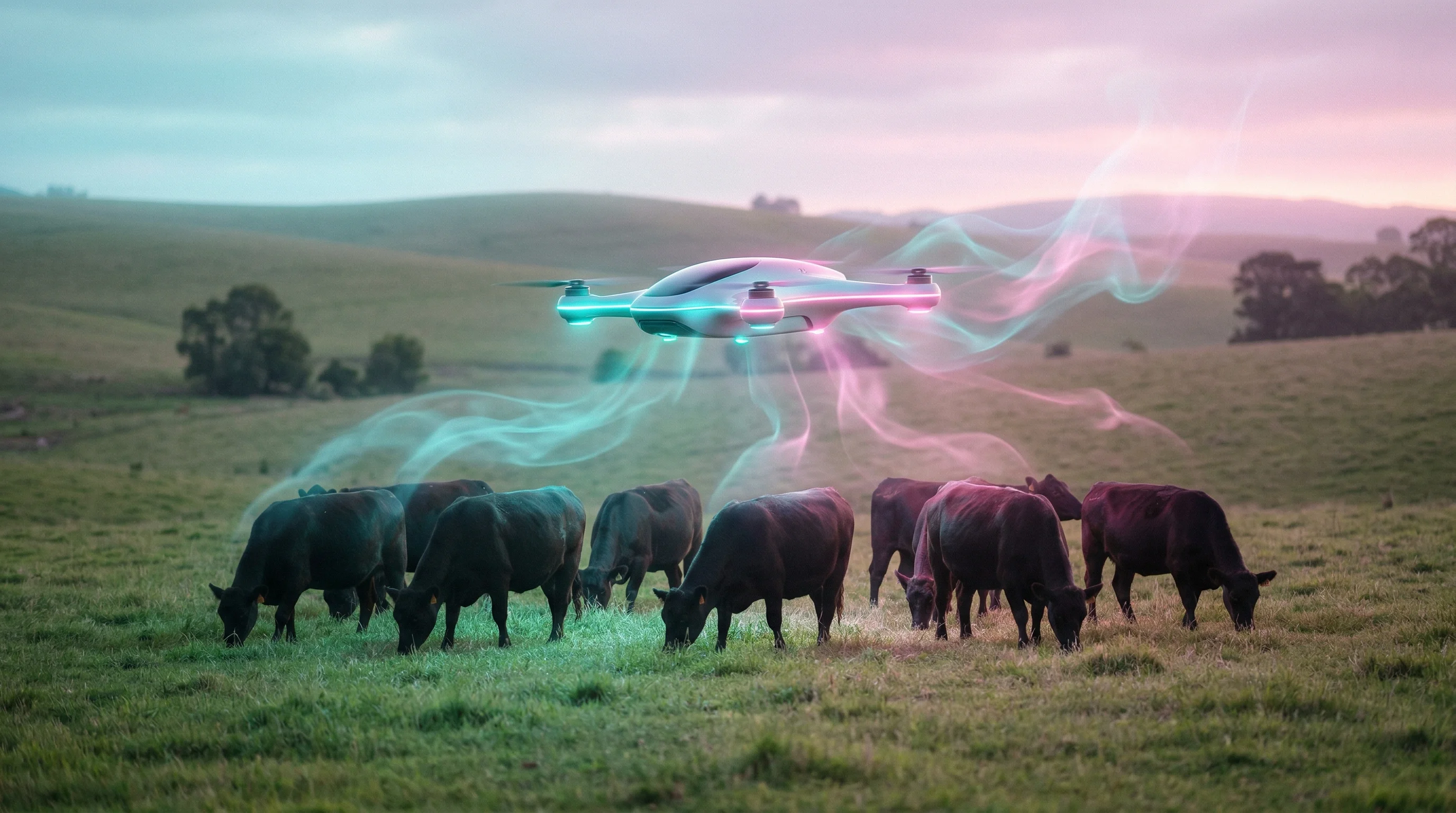 Digital illustration for article section "What's Actually Happening in the Field" in "The Robot Cowboys: How AI Drones Are Transforming Cattle Ranching" - A sleek, modern autonomous drone hovering gently above a small, peaceful herd of cattle grazing in a...