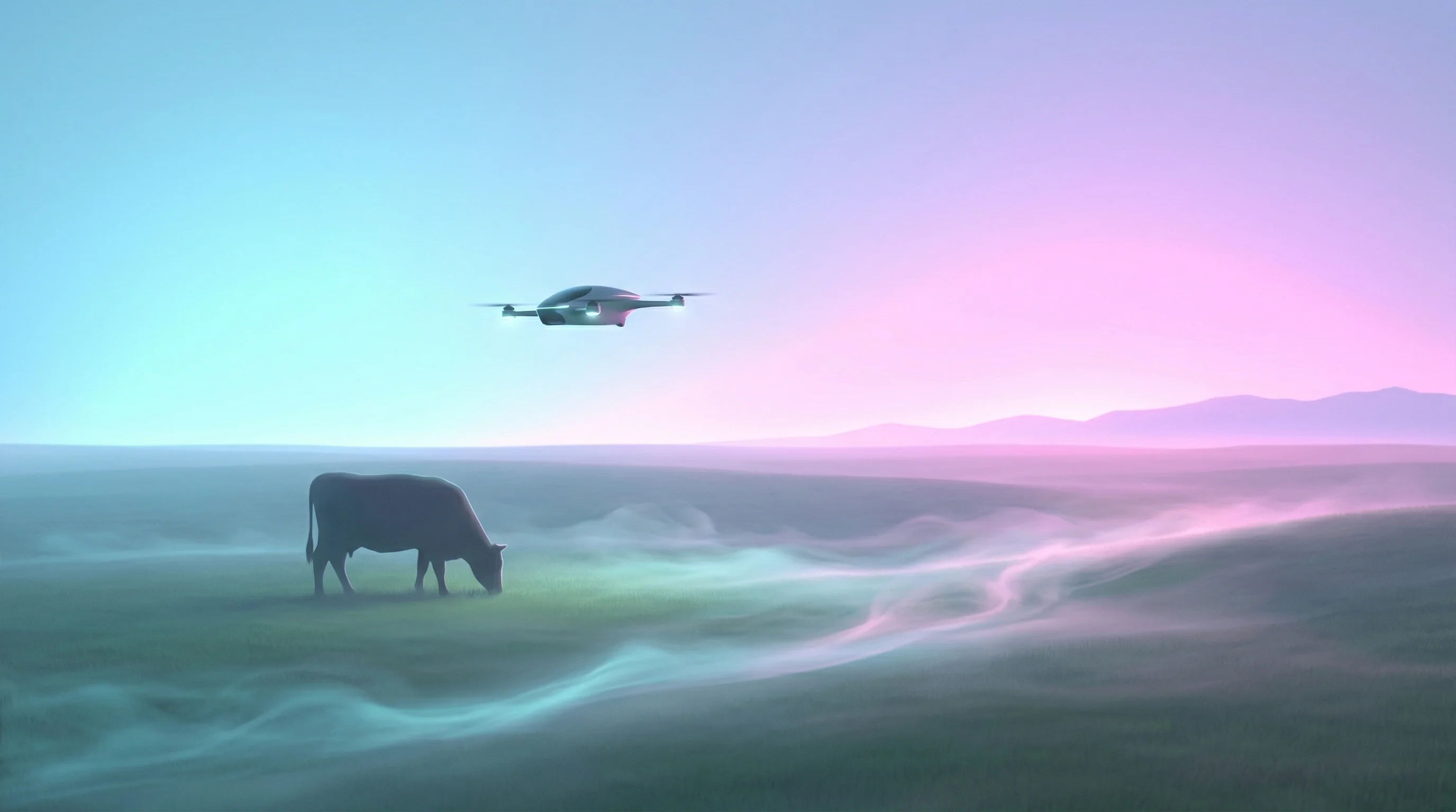 Digital illustration for article section "What Happens Next" in "The Robot Cowboys: How AI Drones Are Transforming Cattle Ranching" - A minimalist, conceptual visualization of the future of autonomous cattle herding, featuring a sleek...