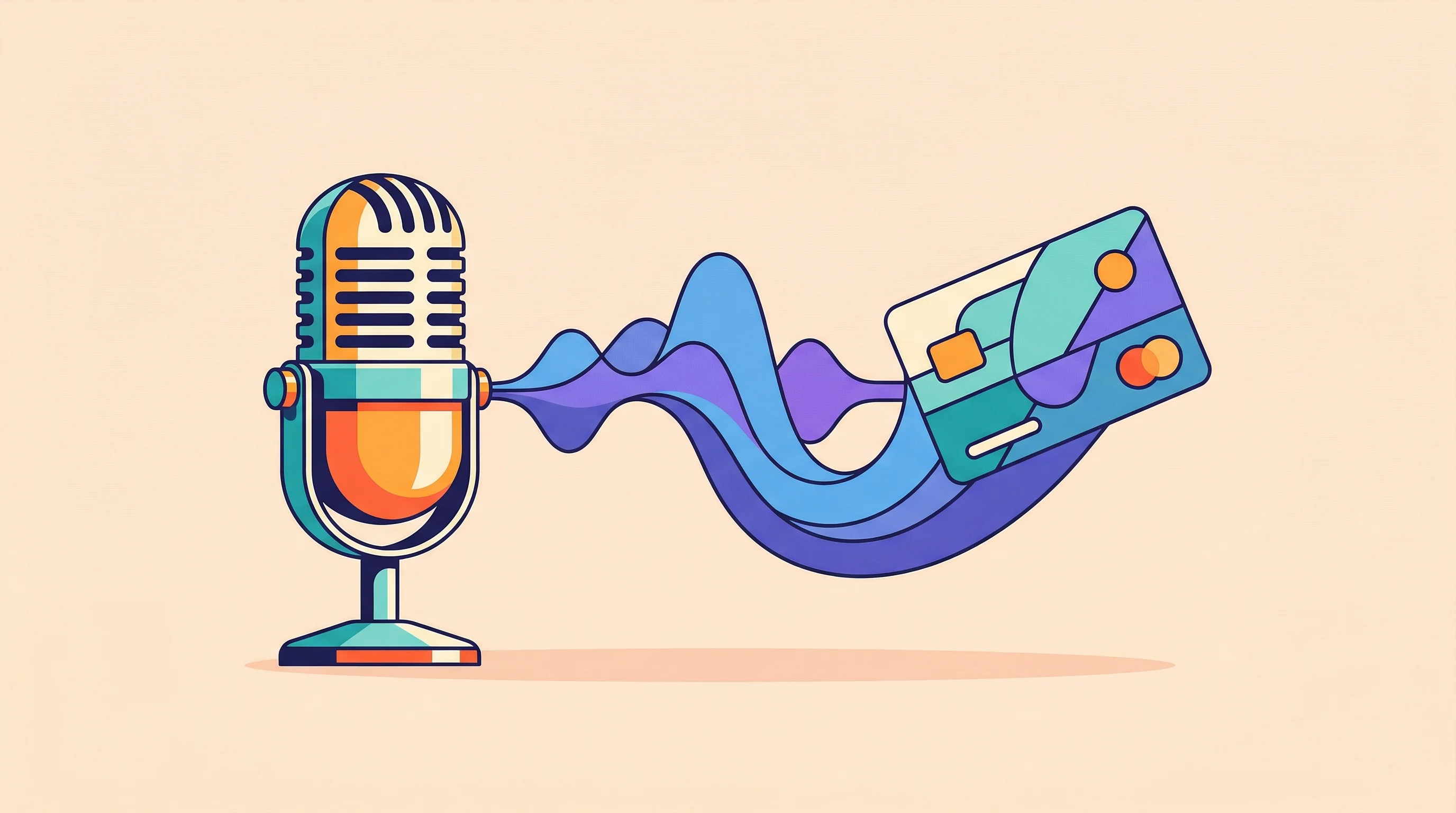 Digital illustration for article section "Where does payment infrastructure end?" in "Maven Launches Voice Payment API for AI Agents Amid Commerce Shift" - A clean, minimal conceptual illustration showing a sleek, stylized vintage-futuristic microphone emi...