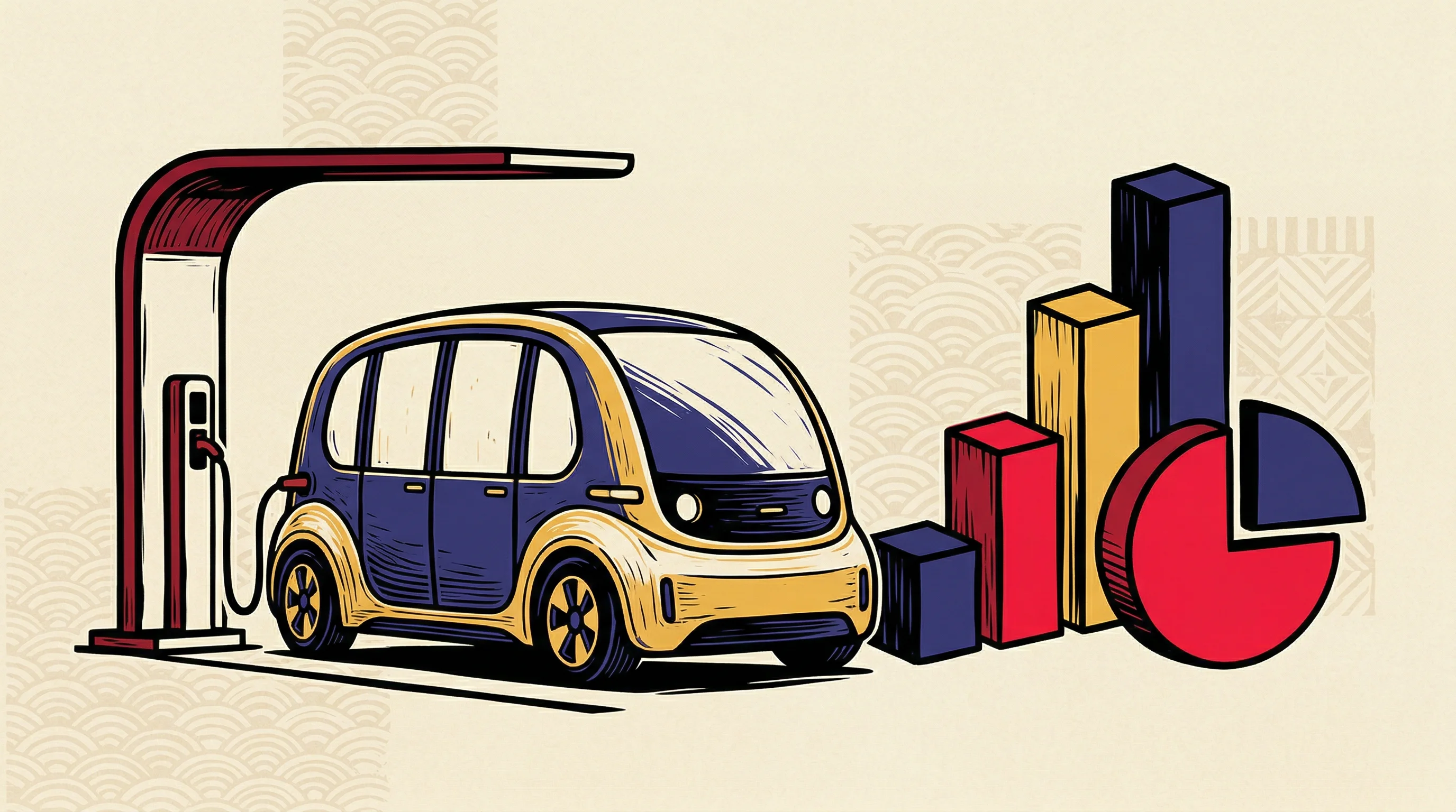 Digital illustration for article section "The Robotaxi Calculus" in "YC-Backed RoboDock Launches Robot Arms to Automate EV Fleet Charging" - A conceptual illustration of a sleek, modern driverless robotaxi parked at a minimalist charging doc...