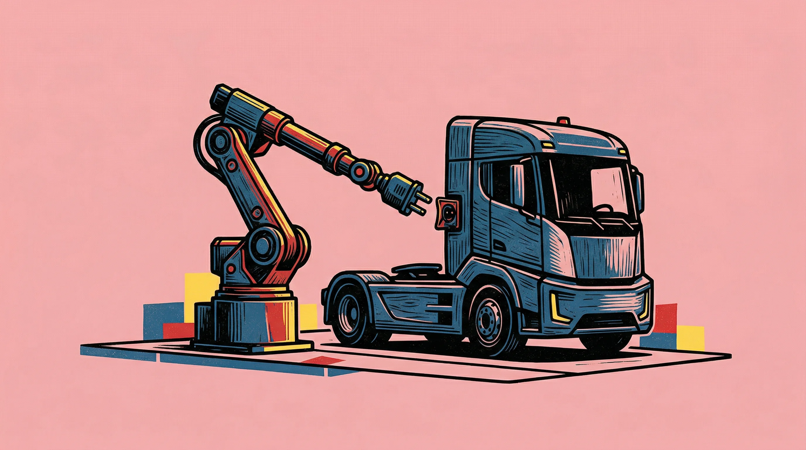 Digital illustration for article section "A Crowded, Fragmented Field" in "YC-Backed RoboDock Launches Robot Arms to Automate EV Fleet Charging" - A modern automated terminal truck being serviced by a sleek robotic charging arm, symbolizing a comp...