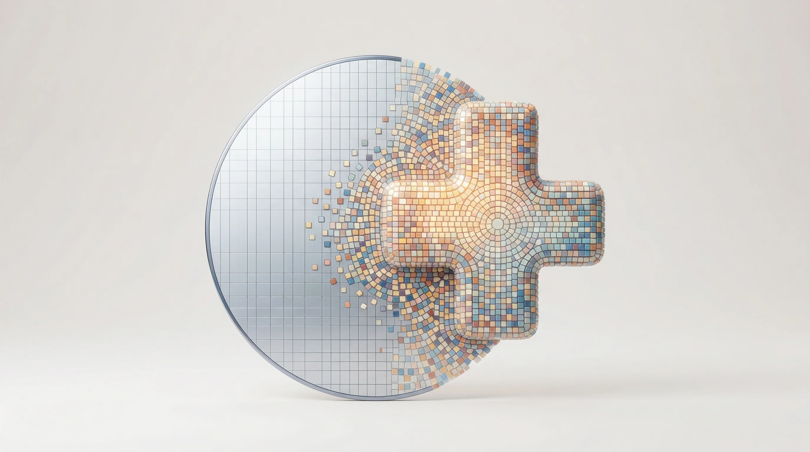 Digital illustration for article section "Who's Building This" in "YC-Backed Visibl Takes On Chip Design Giants With AI Coordination Layer" - A minimalist, conceptual 3D sculpture symbolizing the fusion of healthcare data systems and semicond...