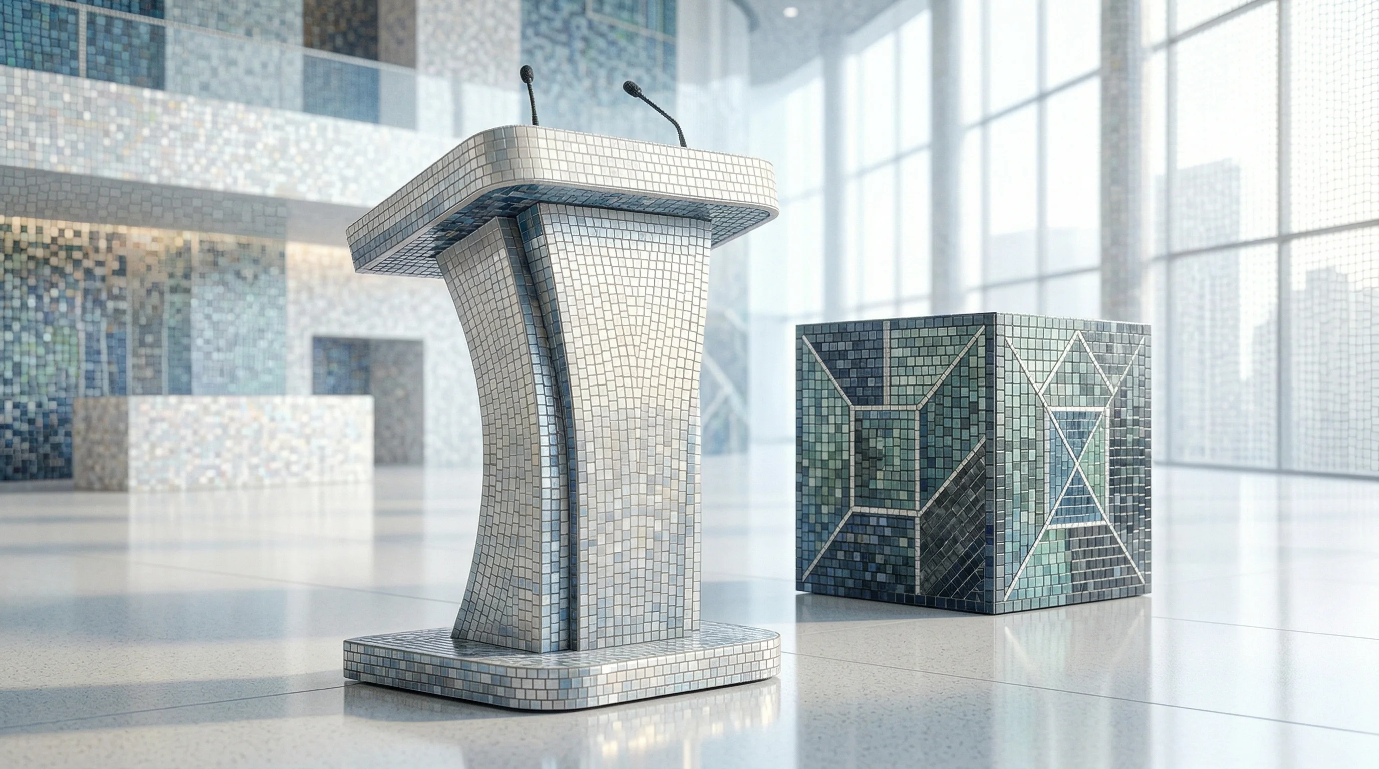Digital illustration for article section "What Comes Next" in "YC-Backed Visibl Takes On Chip Design Giants With AI Coordination Layer" - A sleek, minimalist presentation podium standing in a bright, airy modern conference hall, symbolizi...