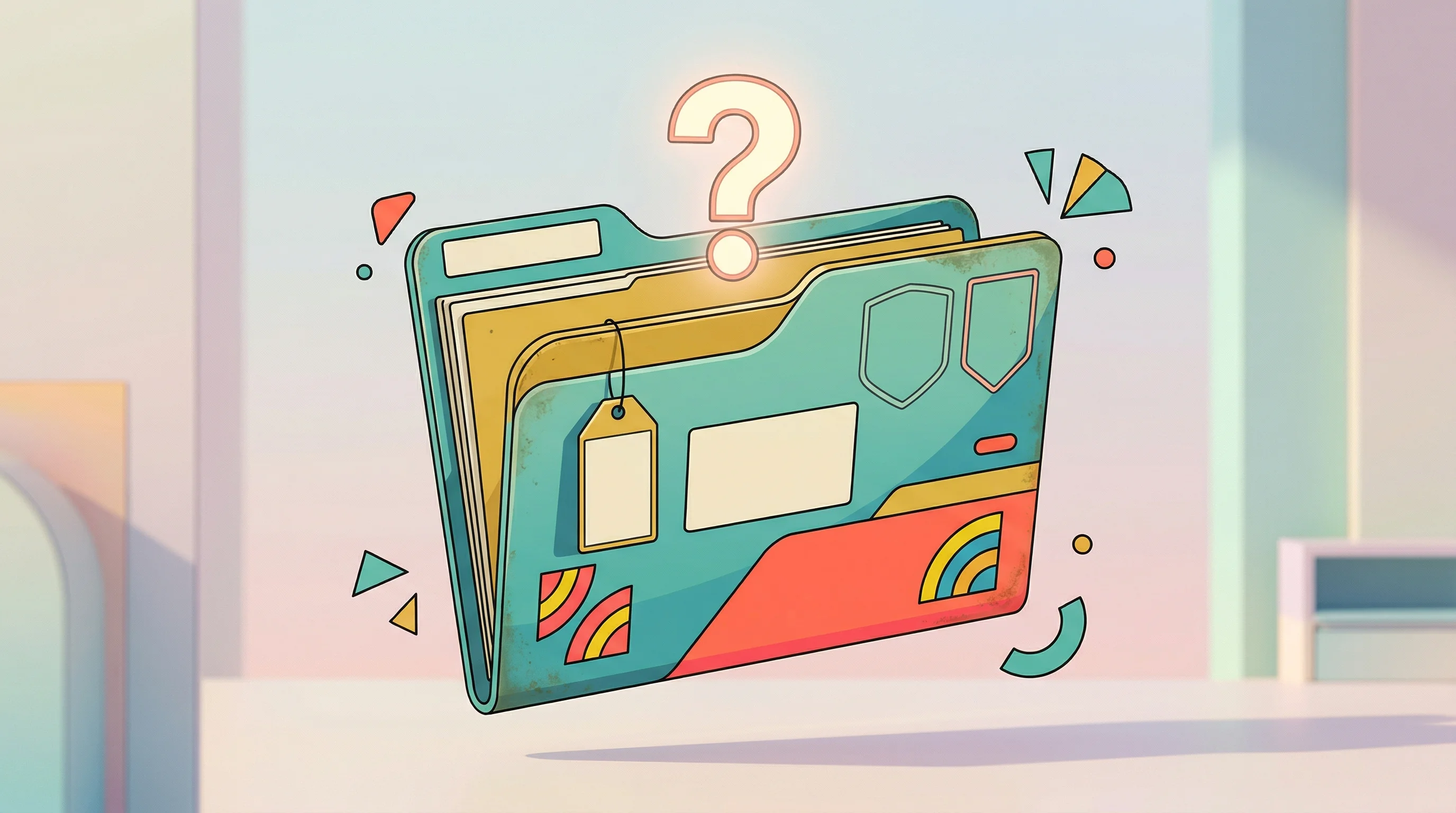 Digital illustration for article section "The Unanswered Questions" in "YC's Sentrial Launches 'Datadog for AI Agents' to Catch Production Failures" - A sleek, retro-futuristic floating document folder symbolizing unanswered business questions, featur...